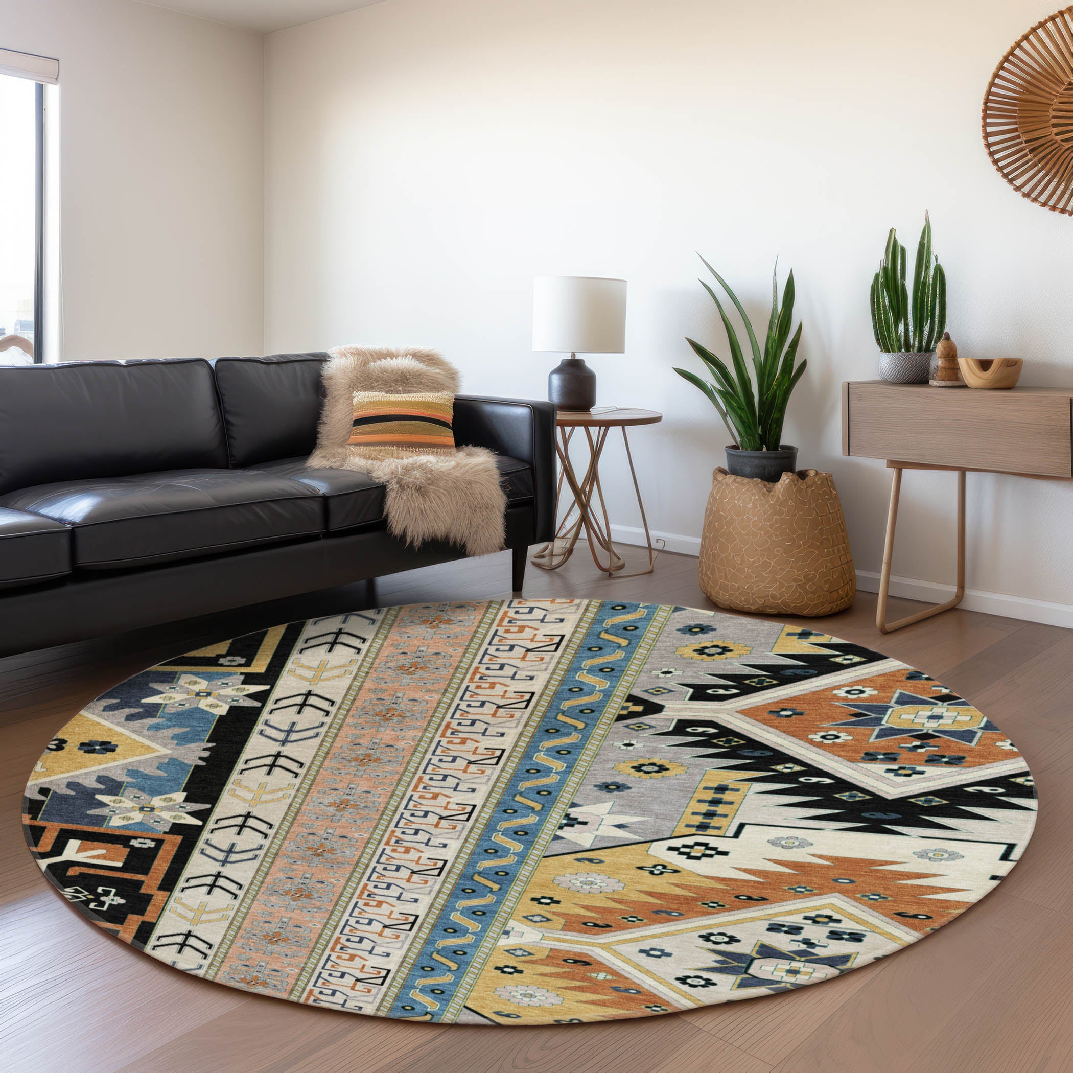 Chiang Mai Machine Washable Transitional Black Rug 8' x 8' #shape_Round