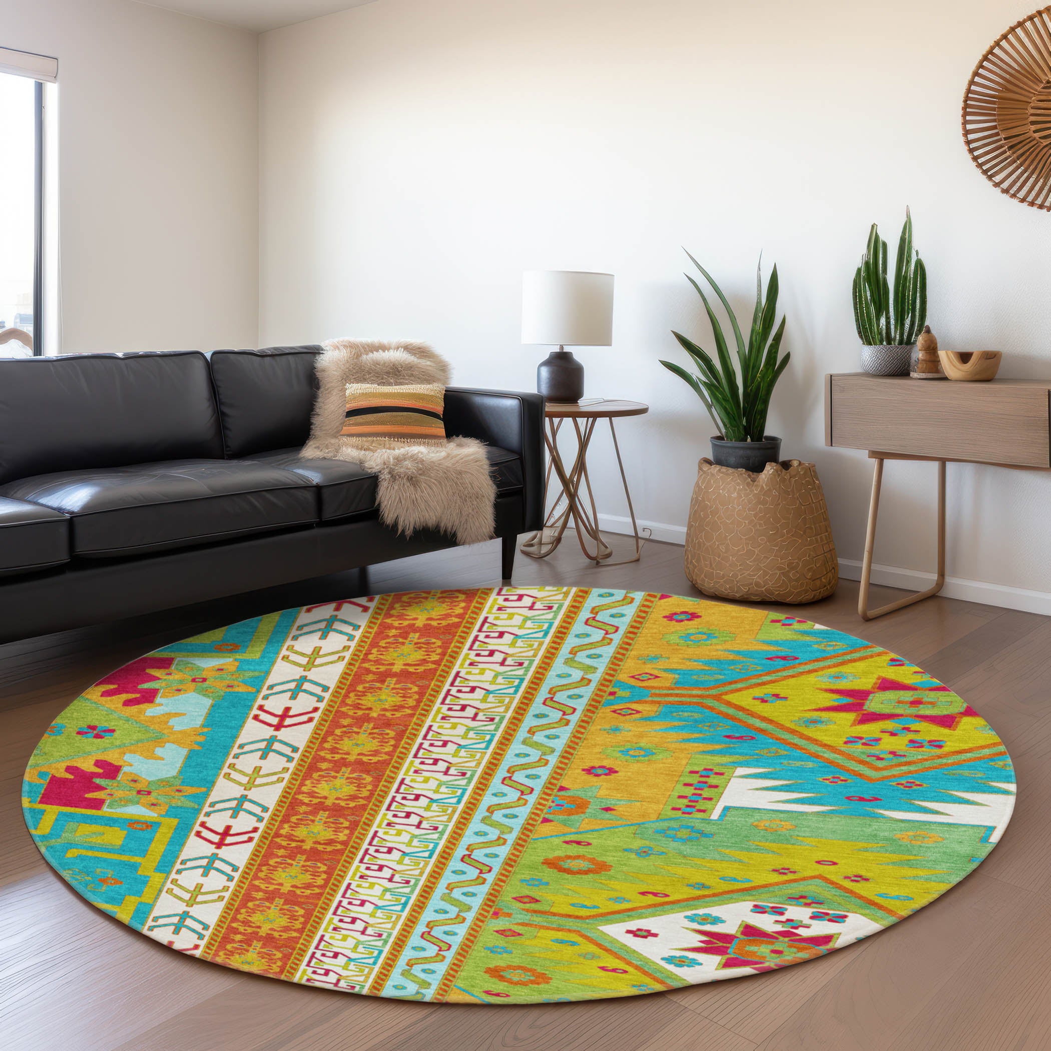Chiang Mai Machine Washable Transitional Teal Rug 8' x 8' #shape_Round
