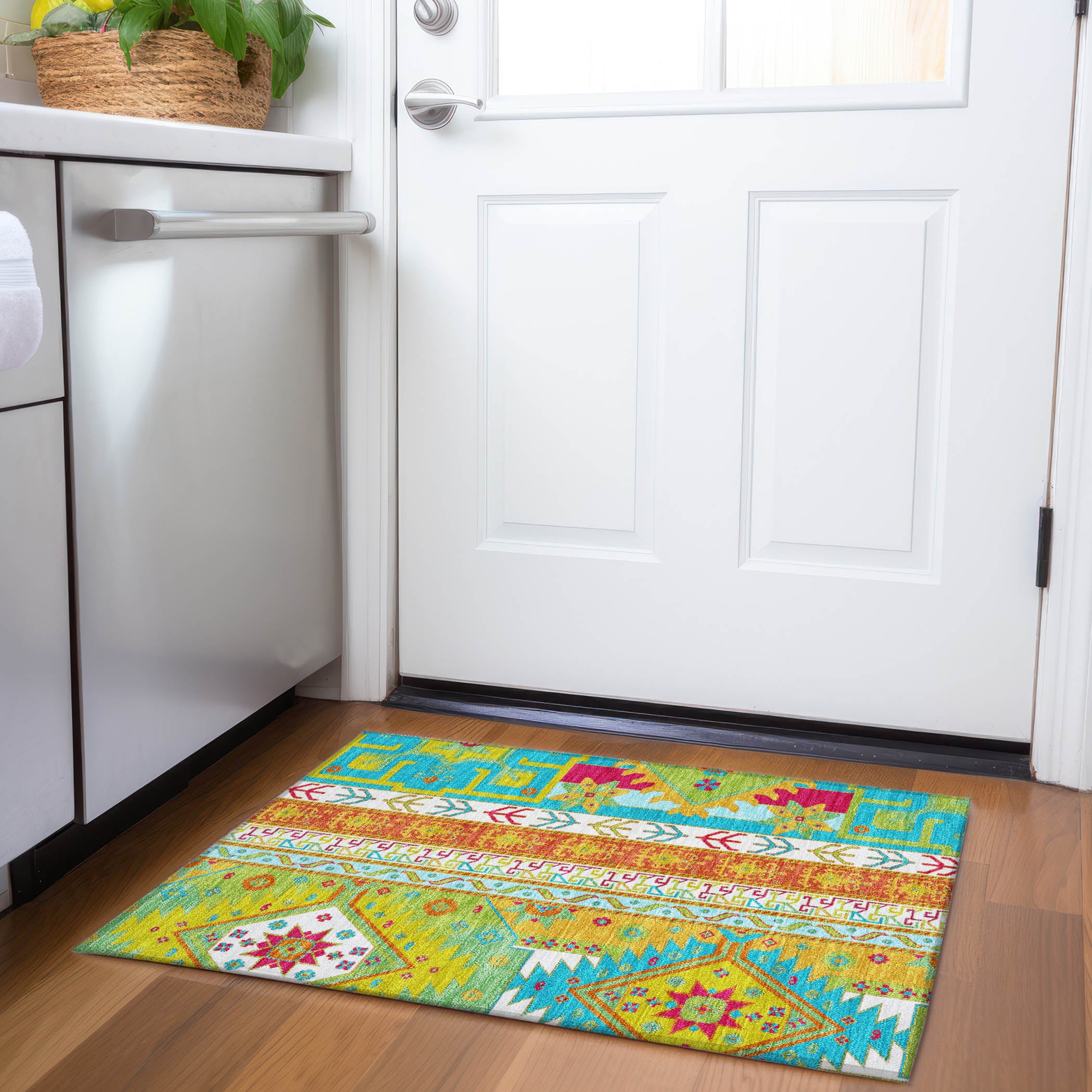 Chiang Mai Machine Washable Transitional Teal Rug 1'8" x 2'6" #shape_Rectangle