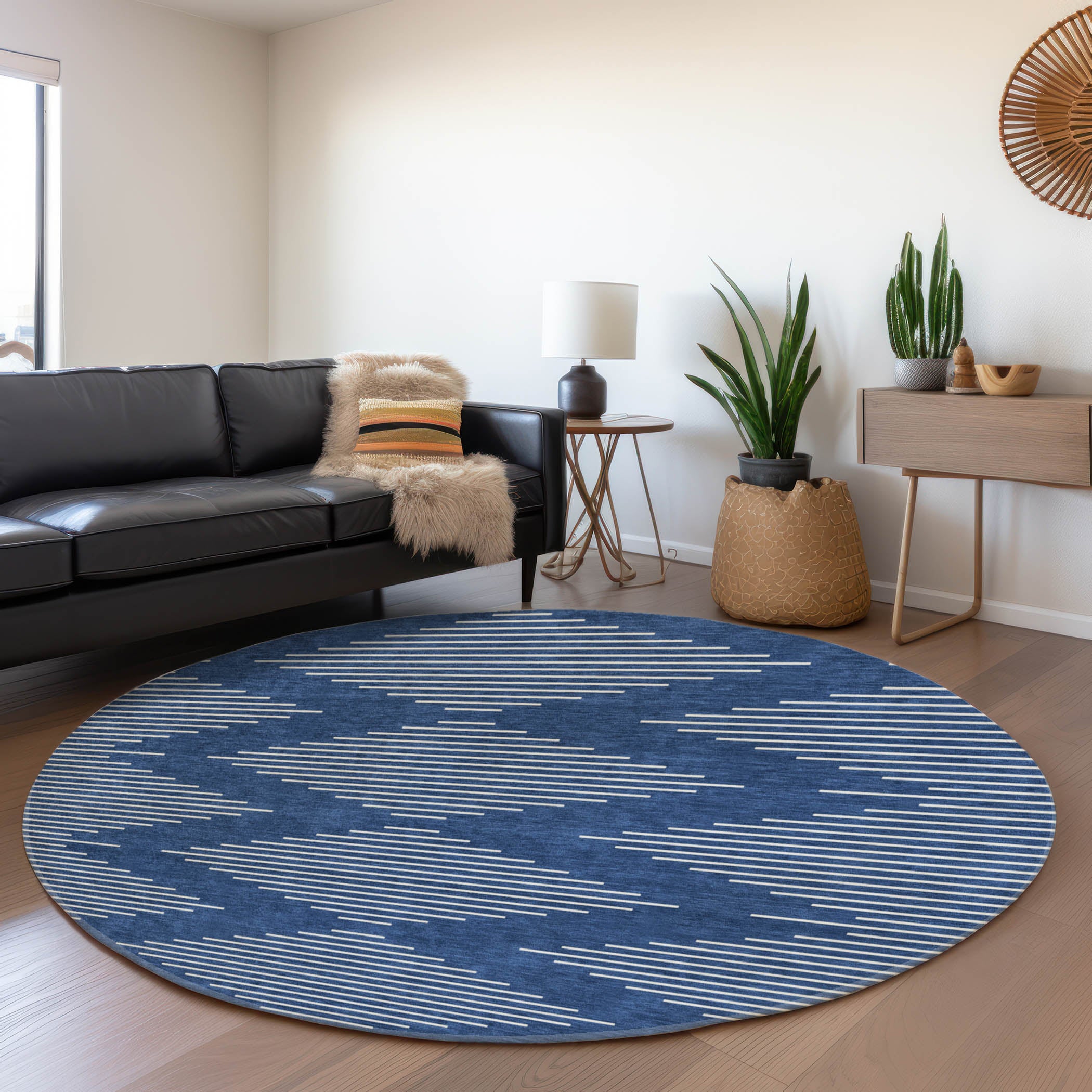 Marrakech Machine Washable Transitional Navy Blue Rug 8' x 8' #shape_Round