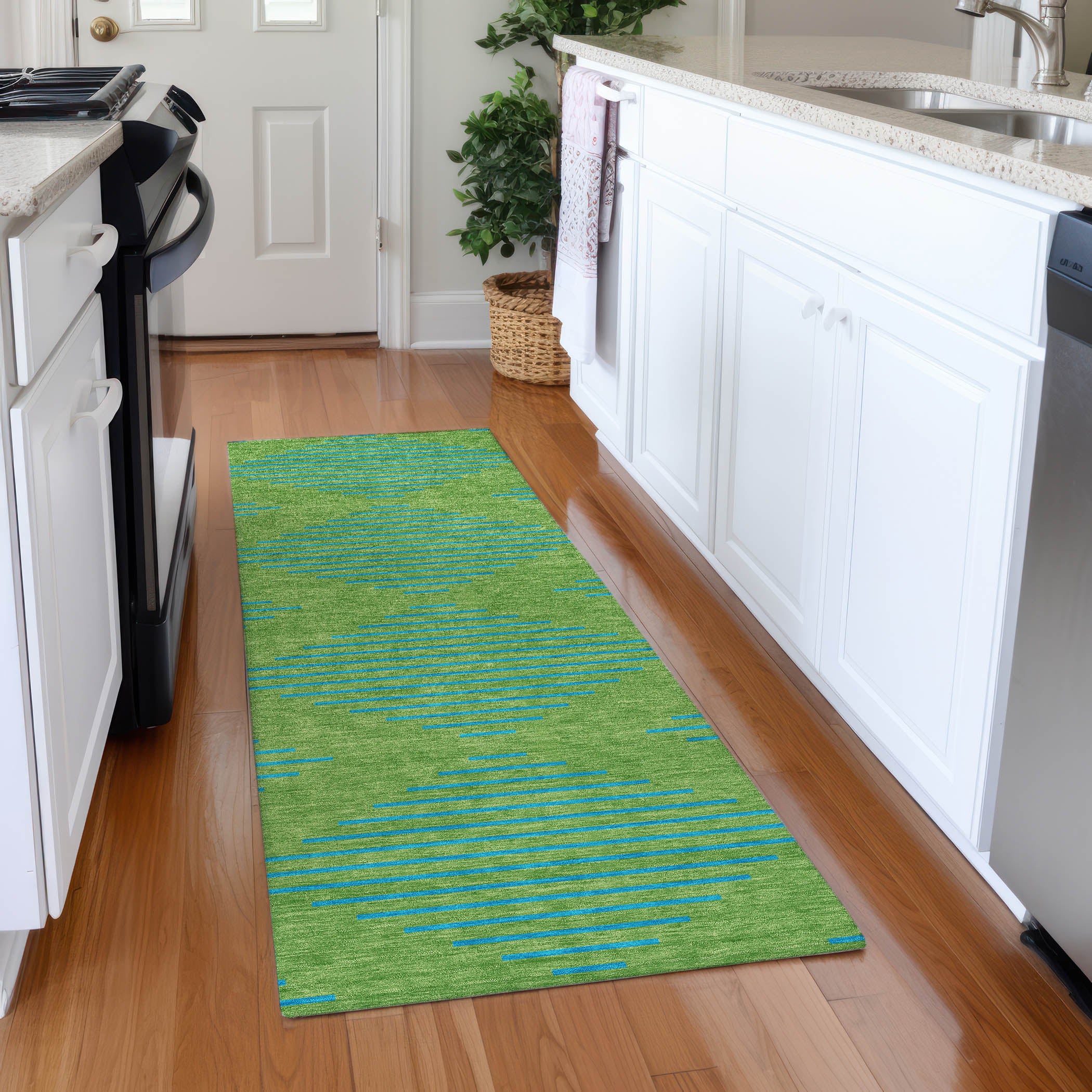 Sintra Machine Washable Transitional Green Rug 2'3" x 7'6" #shape_Runner