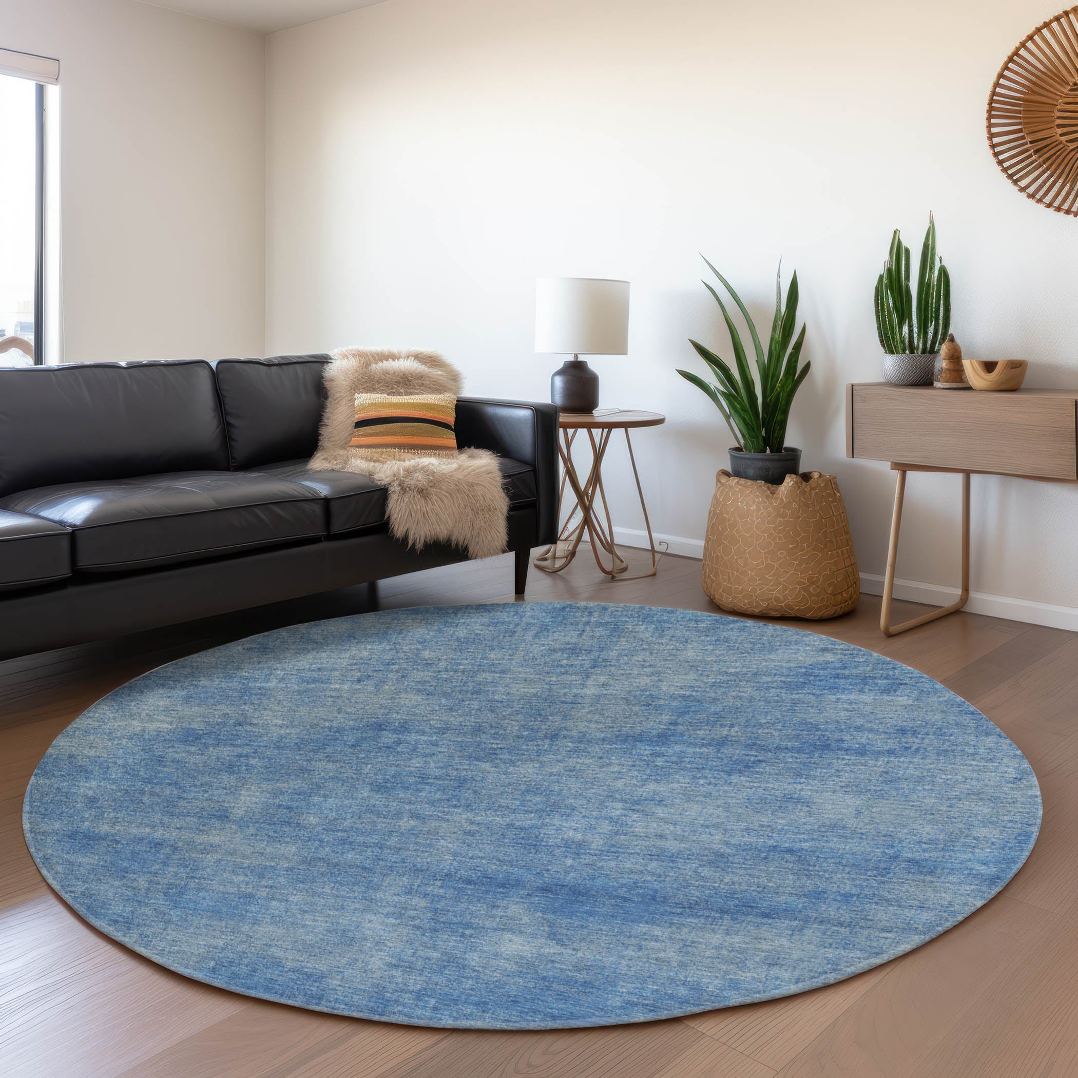 Rome Machine Washable Transitional Blue Rug 8' x 8' #shape_Round