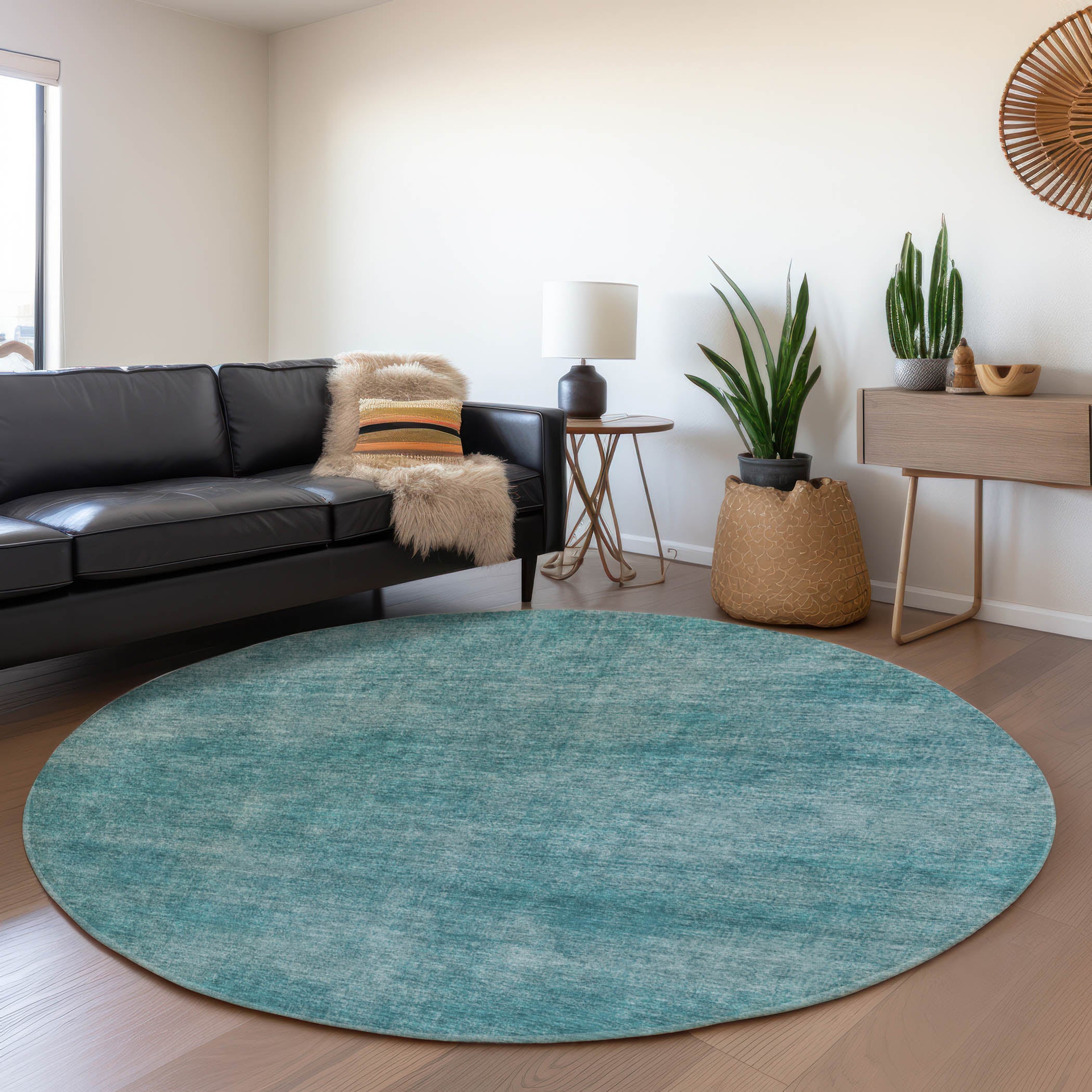 Rome Machine Washable Transitional Teal Rug 8' x 8' #shape_Round