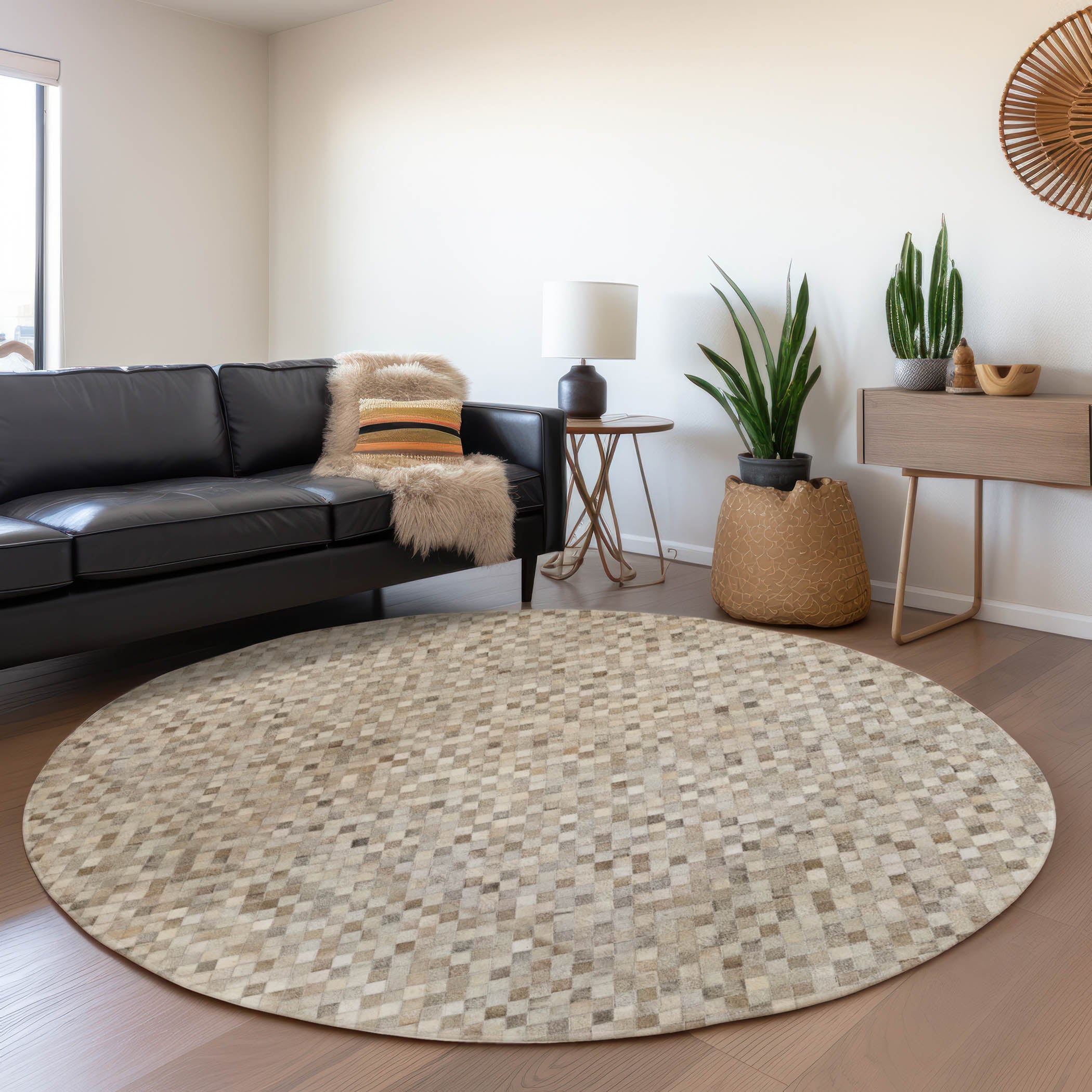 Florence Machine Washable Cowhide Gray Rug 8' x 8' #shape_Round