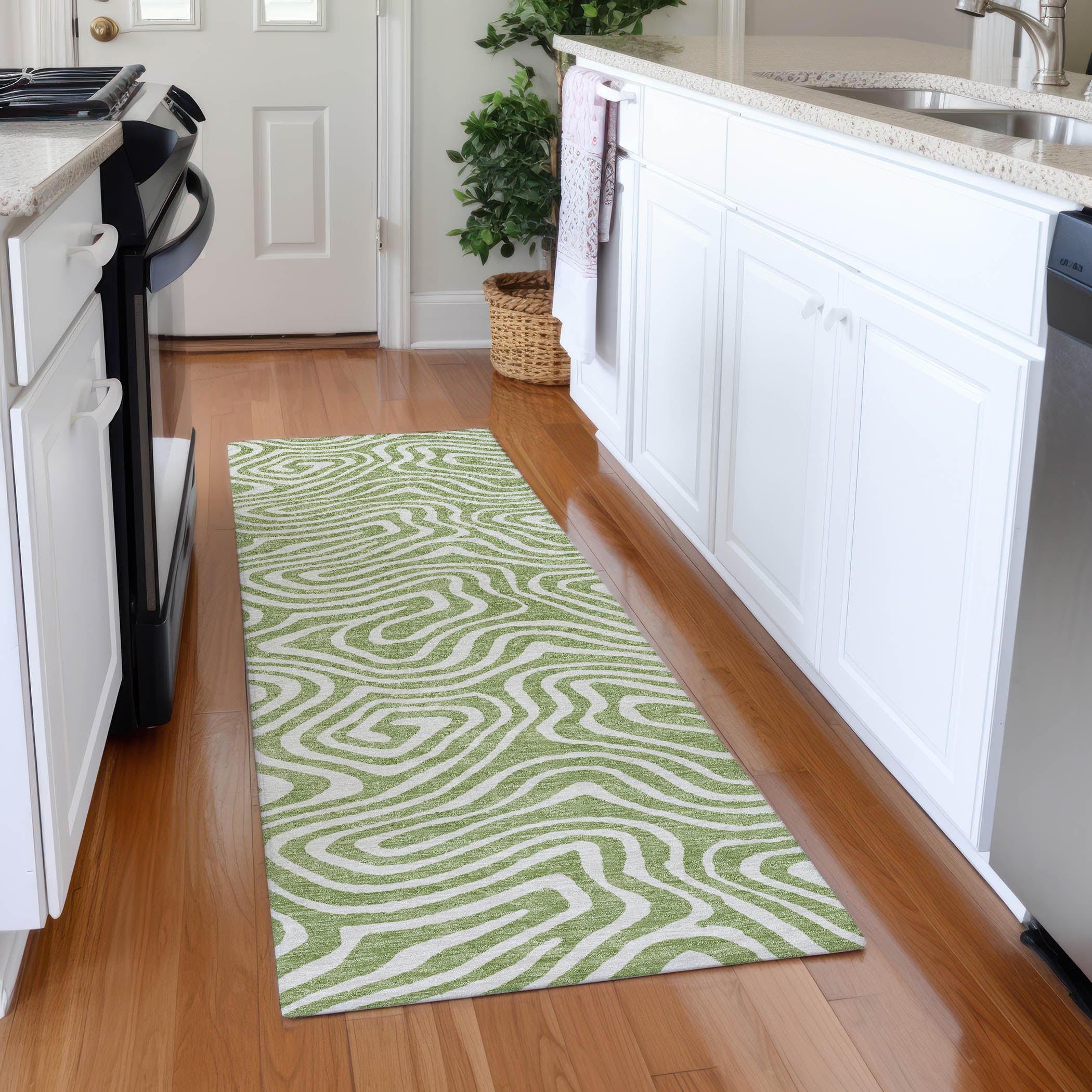 Montevideo Machine Washable Transitional Aloe Green Rug 2'3" x 7'6" #shape_Runner
