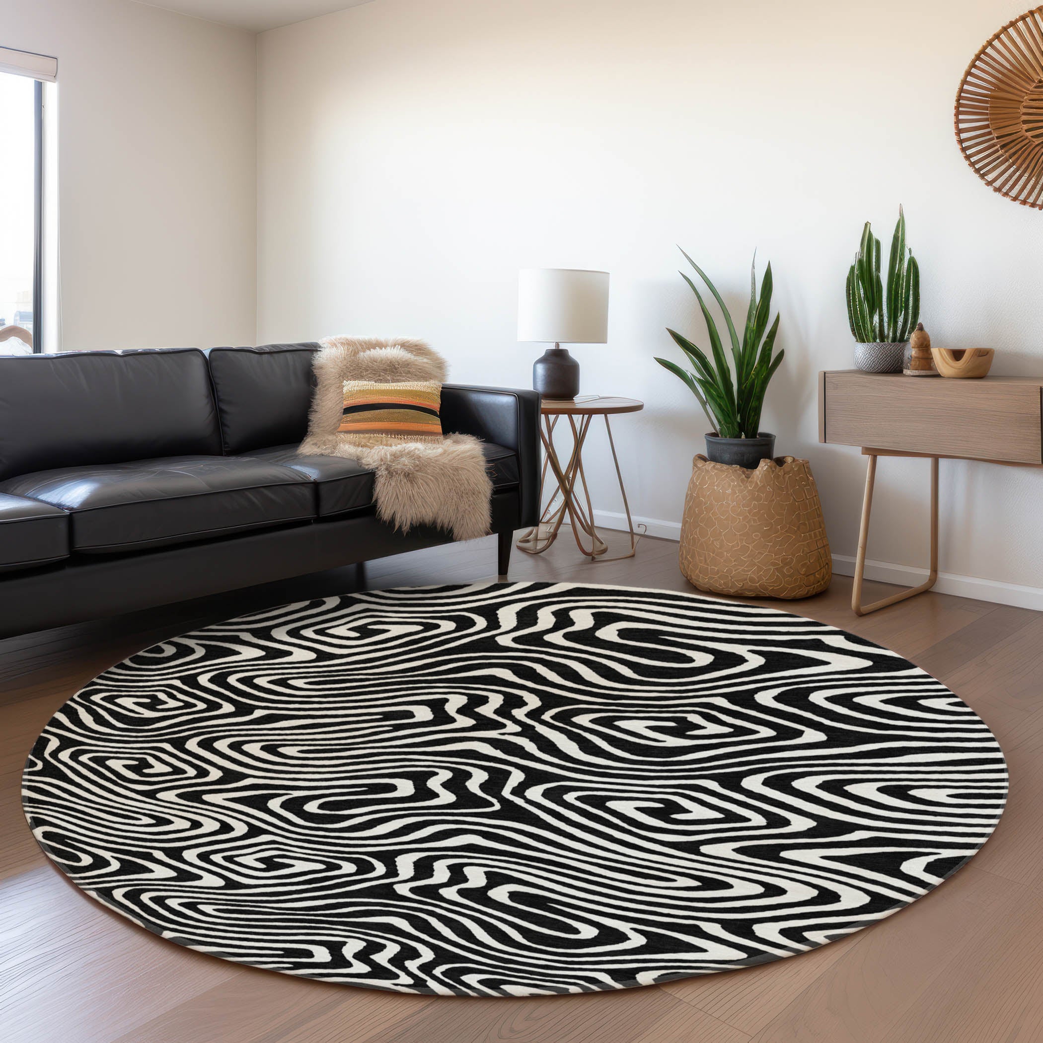 Montevideo Machine Washable Transitional Black Rug 8' x 8' #shape_Round