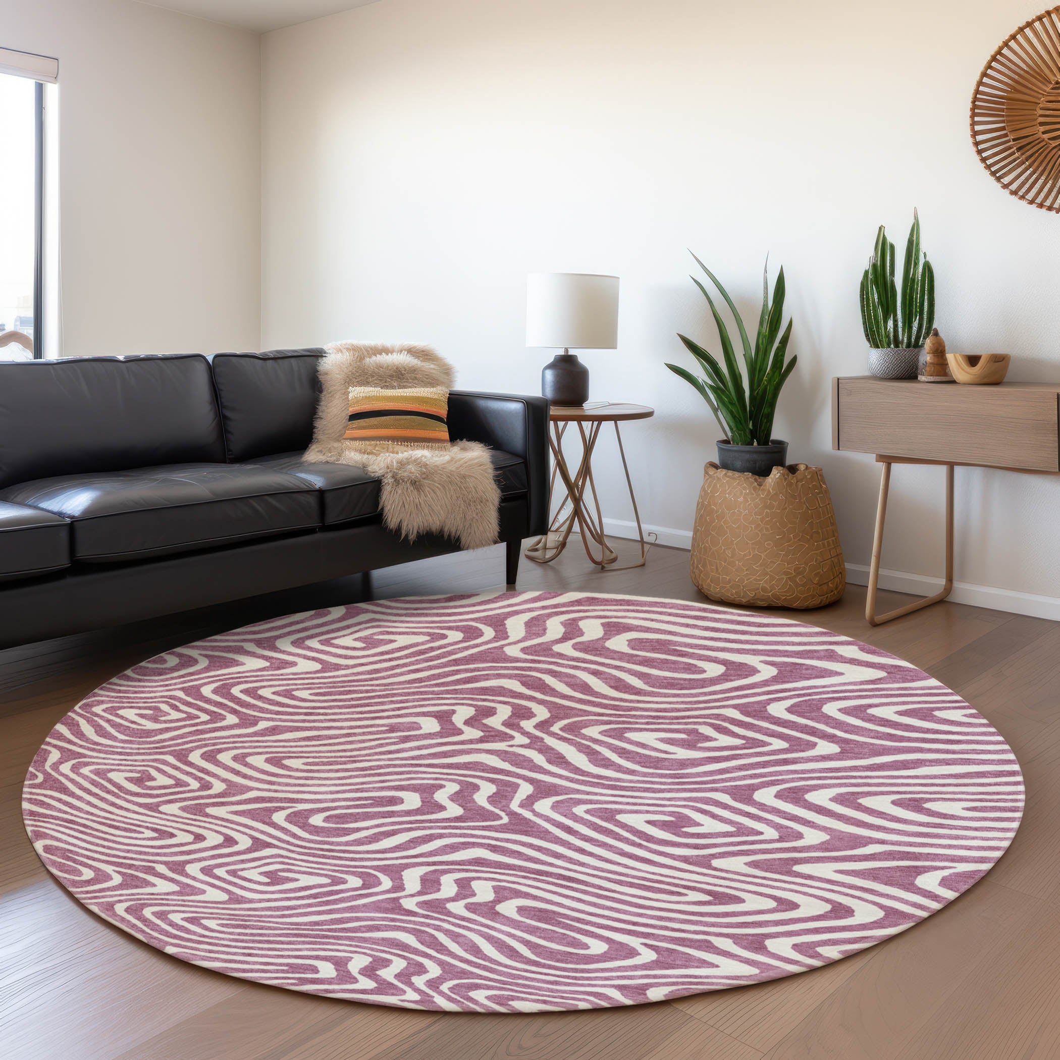 Montevideo Machine Washable Transitional Plum Purple Rug 8' x 8' #shape_Round