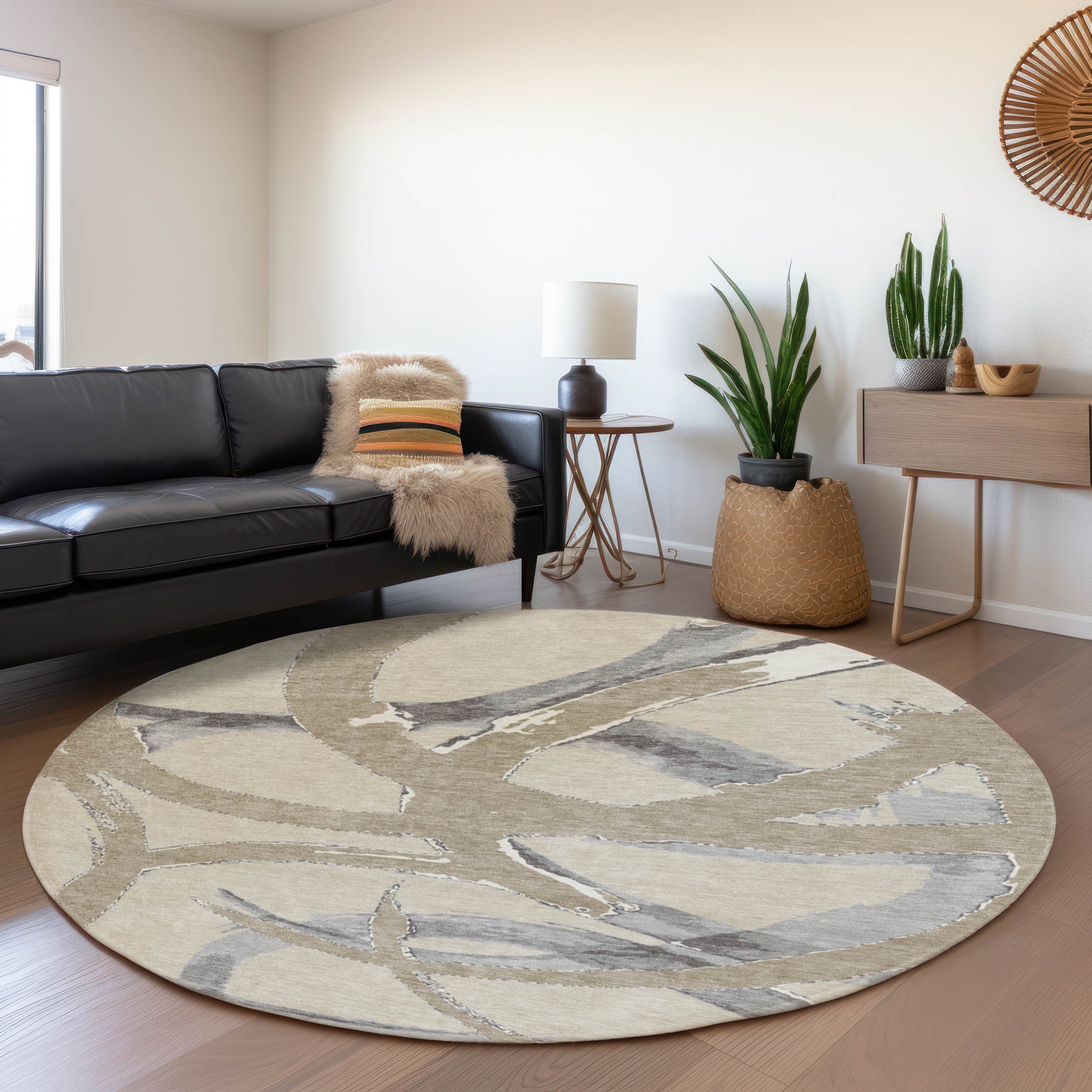 Istanbul Machine Washable Transitional Beige Brown Rug 8' x 8' #shape_Round