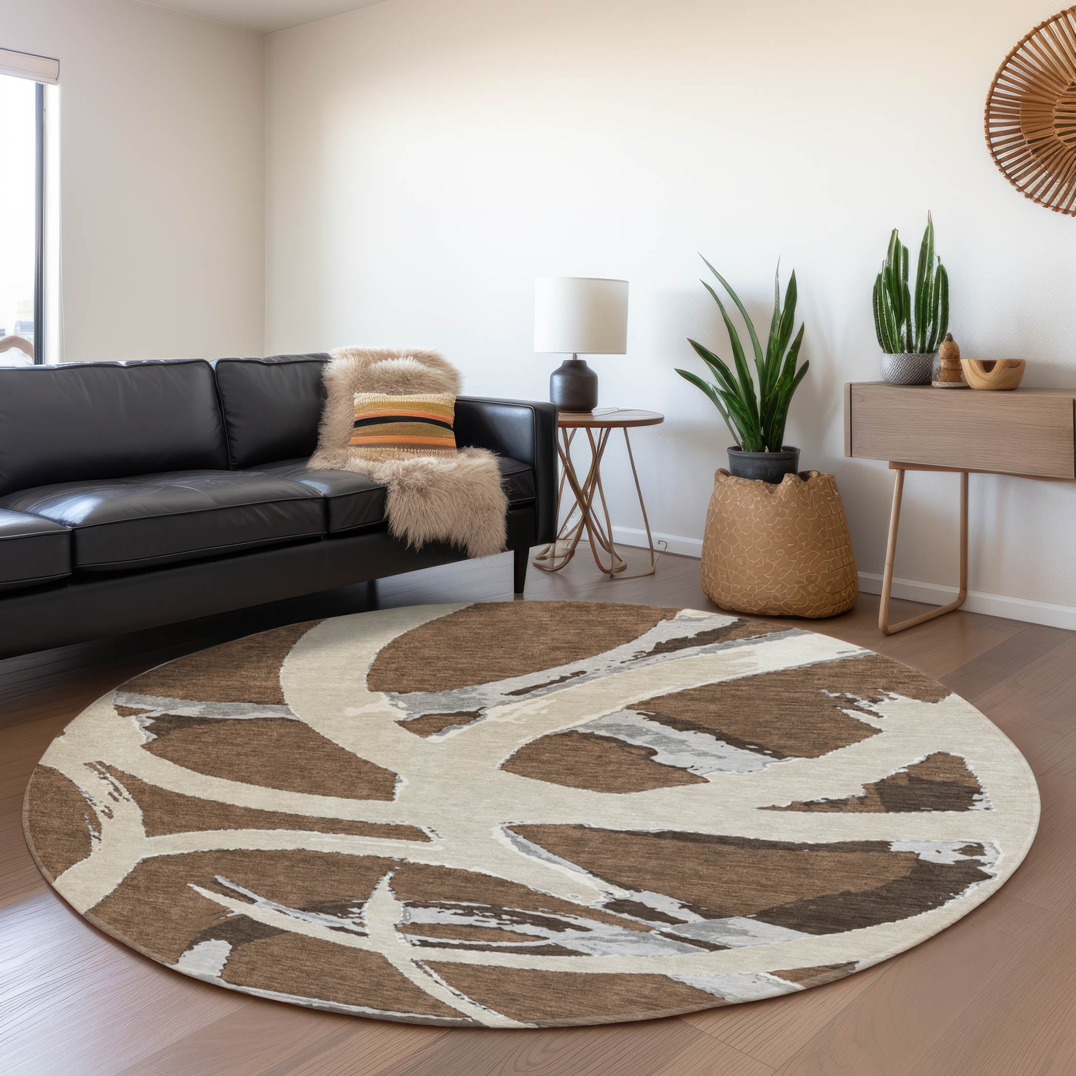 Istanbul Machine Washable Transitional Brown Rug 8' x 8' #shape_Round