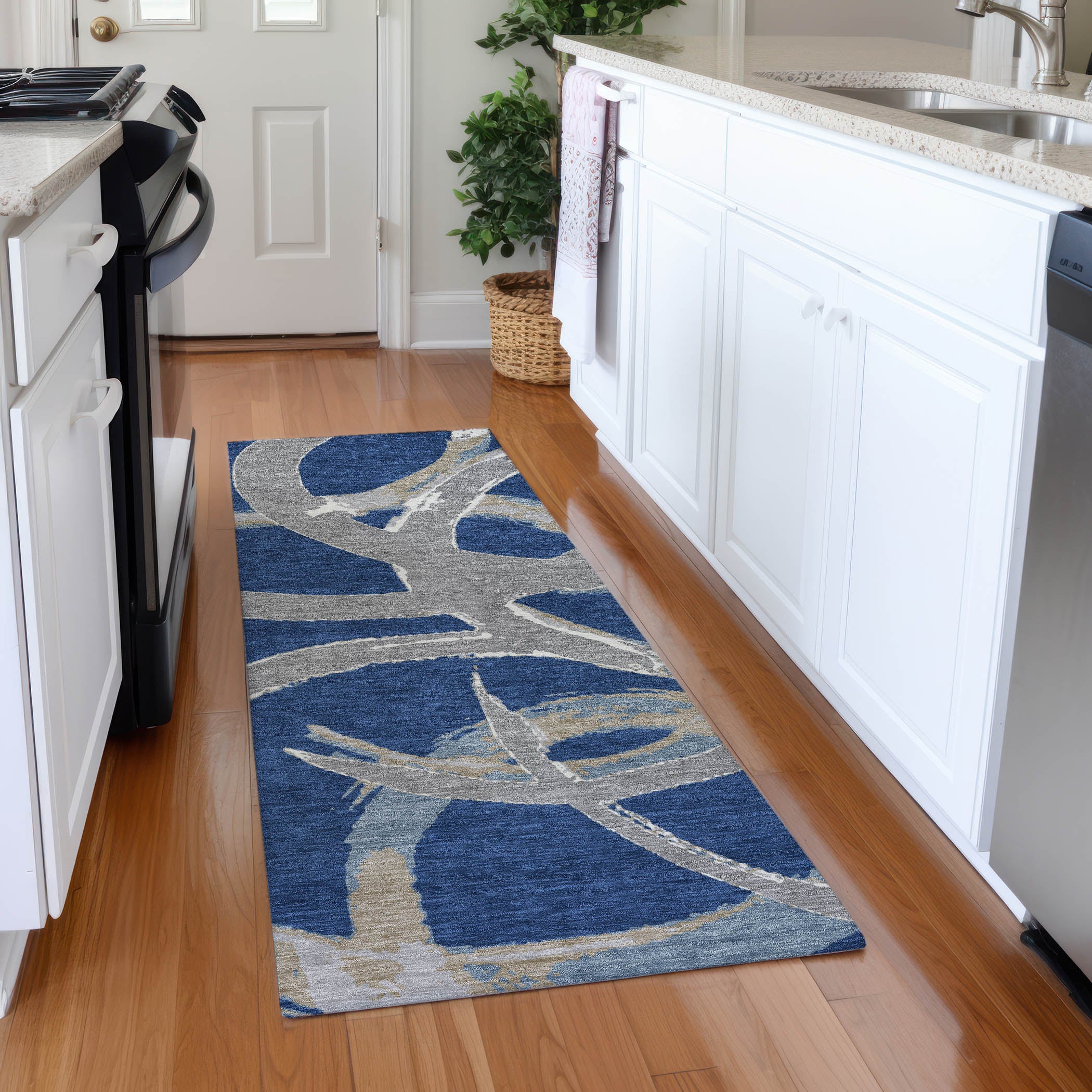 Istanbul Machine Washable Transitional Navy Blue Rug 2'3" x 7'6" #shape_Runner