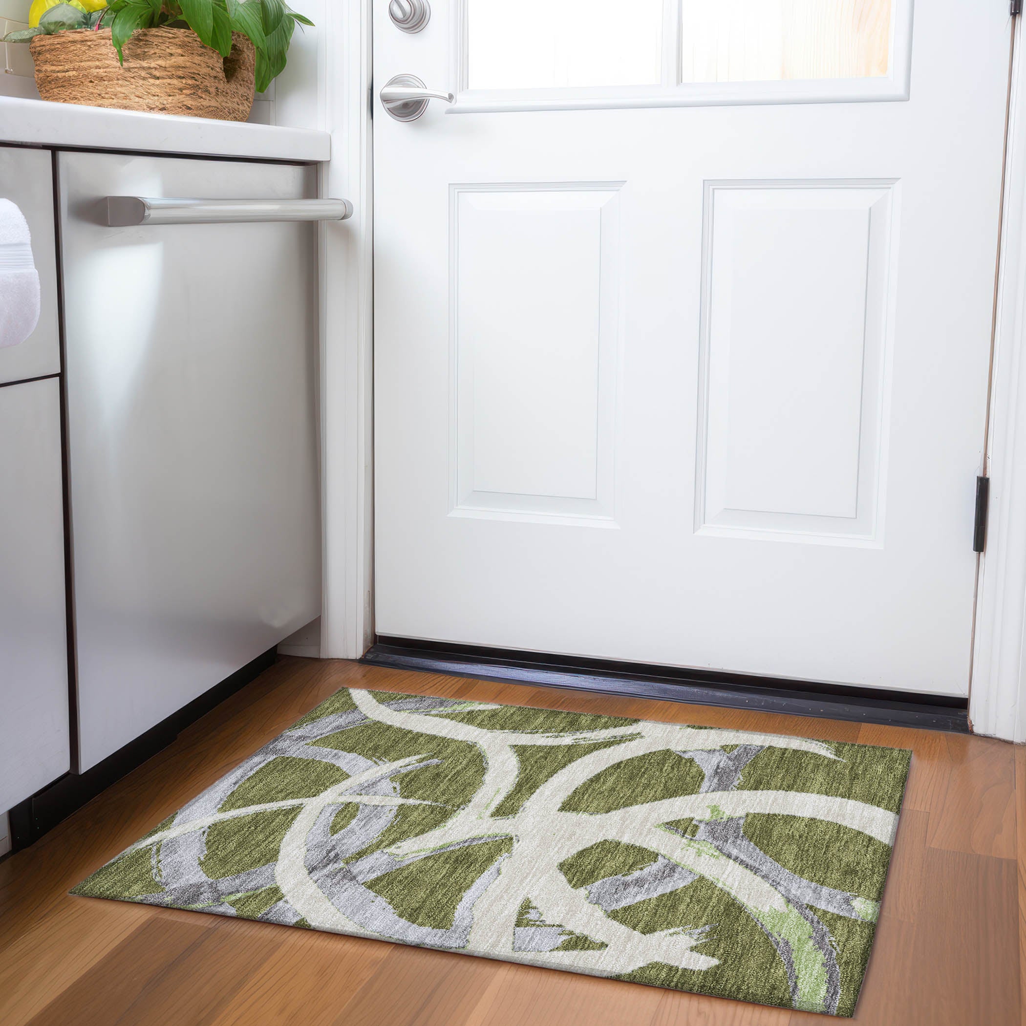 Istanbul Machine Washable Transitional Olive Green Rug 1'8" x 2'6" #shape_Rectangle