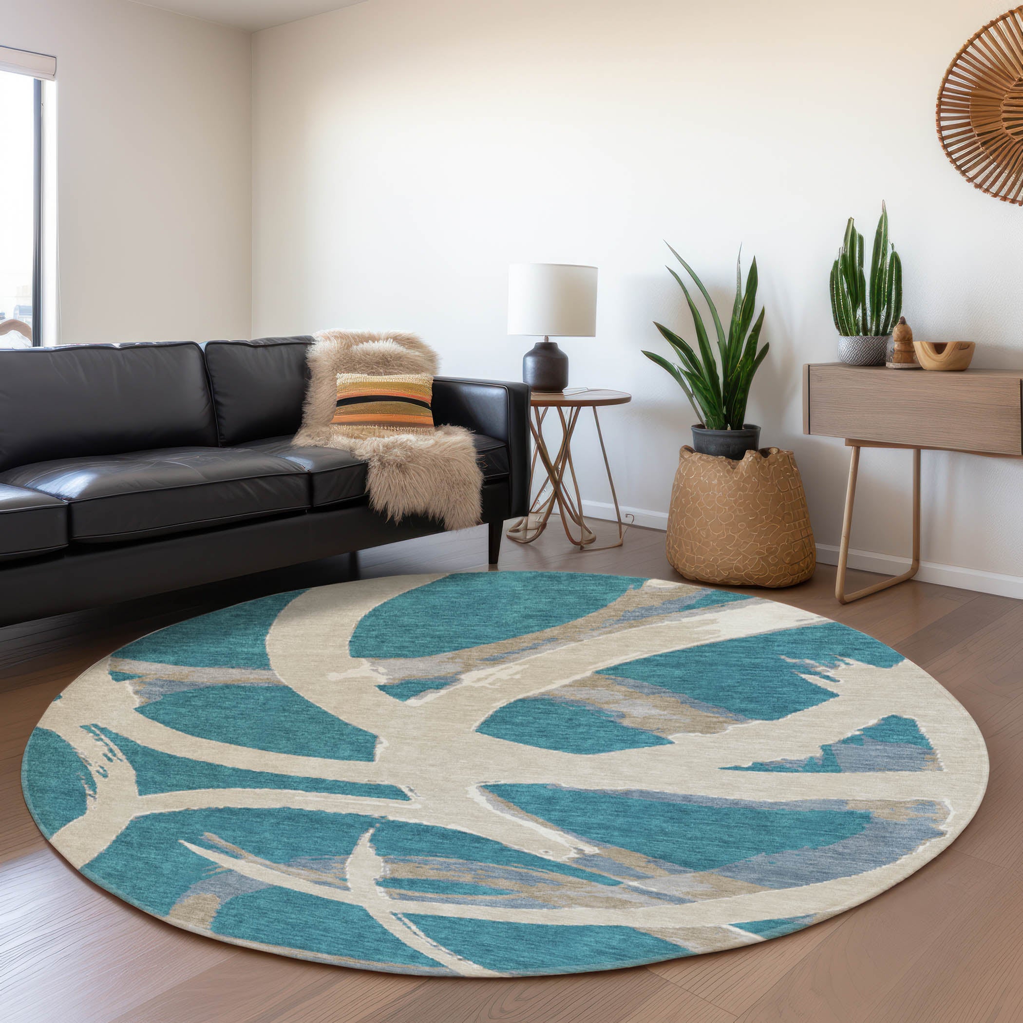 Istanbul Machine Washable Transitional Teal Rug 8' x 8' #shape_Round