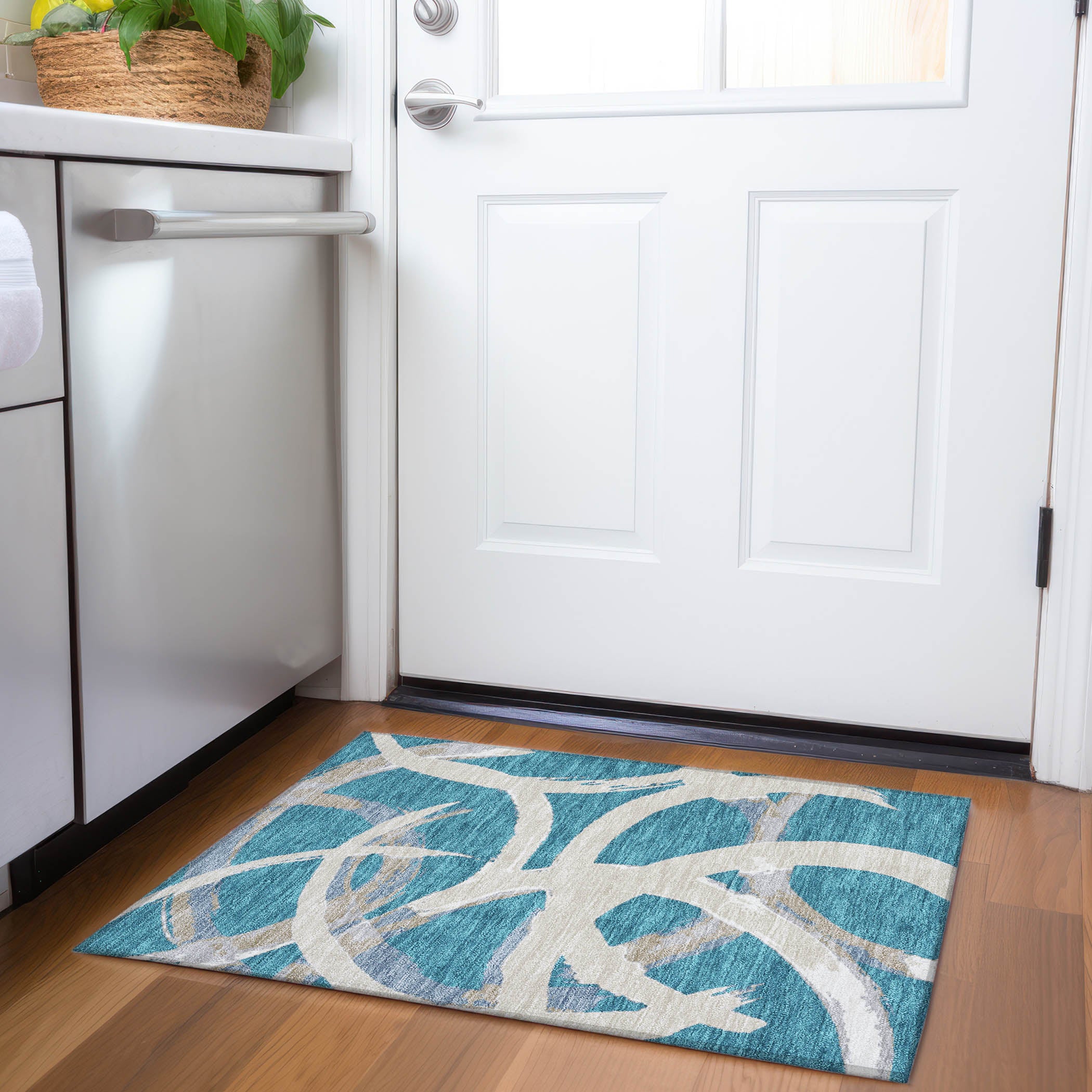 Istanbul Machine Washable Transitional Teal Rug 1'8" x 2'6" #shape_Rectangle
