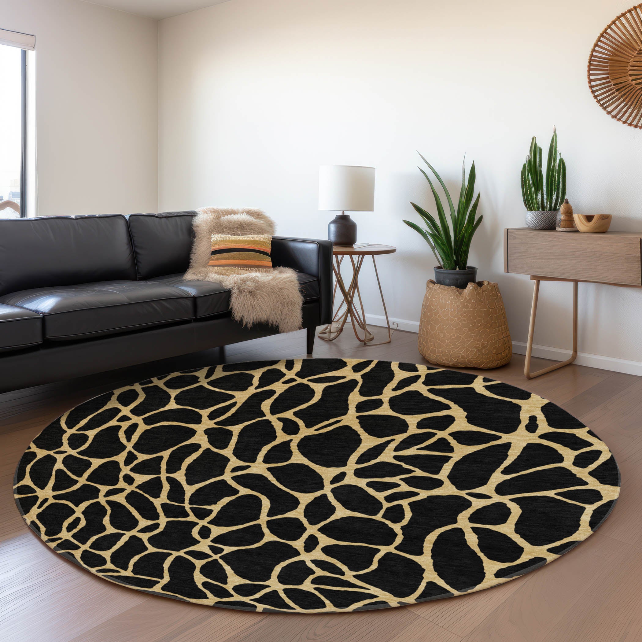 Santorini Machine Washable Transitional Black Rug 8' x 8' #shape_Round