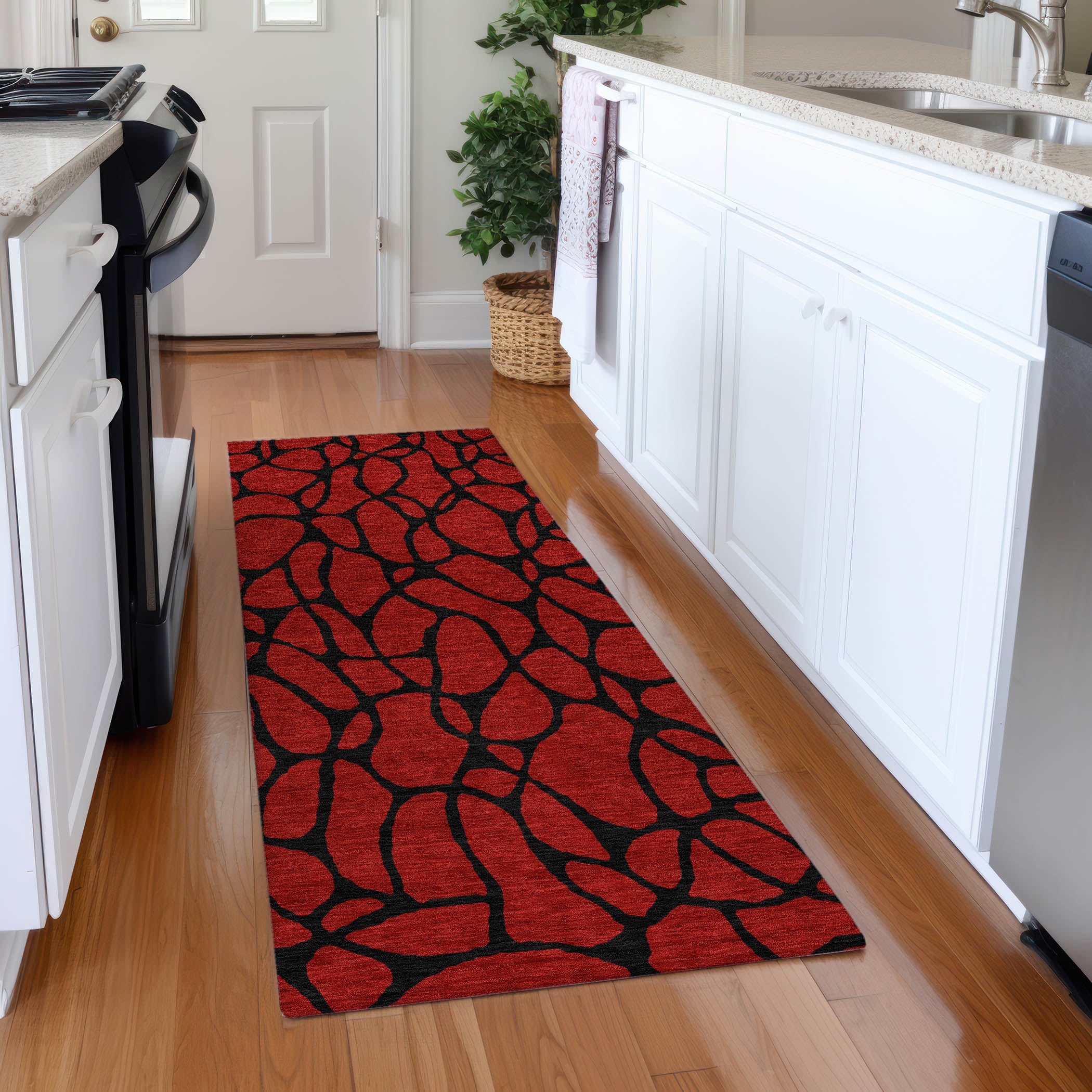 Santorini Machine Washable Transitional Red Rug 2'3" x 7'6" #shape_Runner