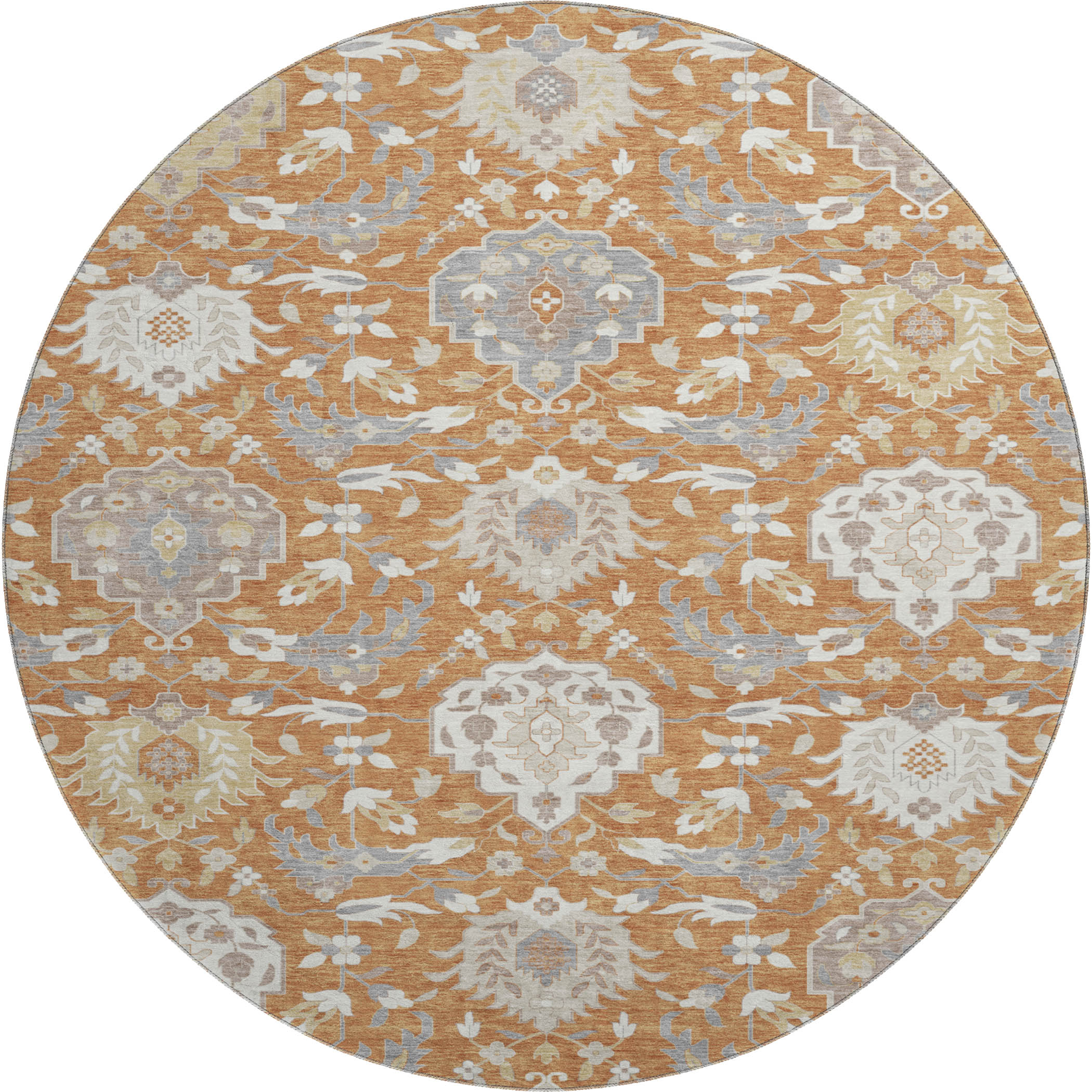 Lisbon Machine Washable Traditional Copper Orange Rug 8' x 8' #shape_Round