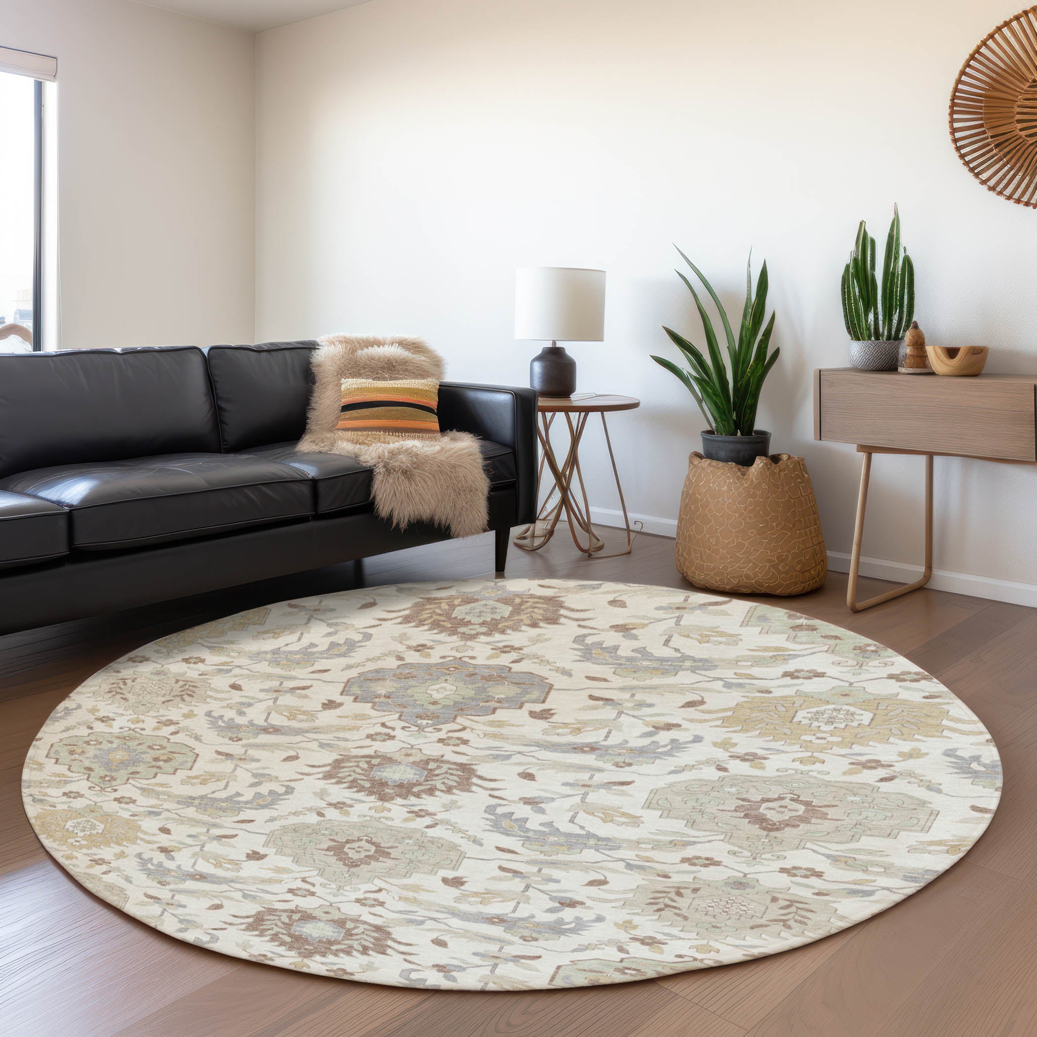Lisbon Machine Washable Traditional Ivory Rug 8' x 8' #shape_Round