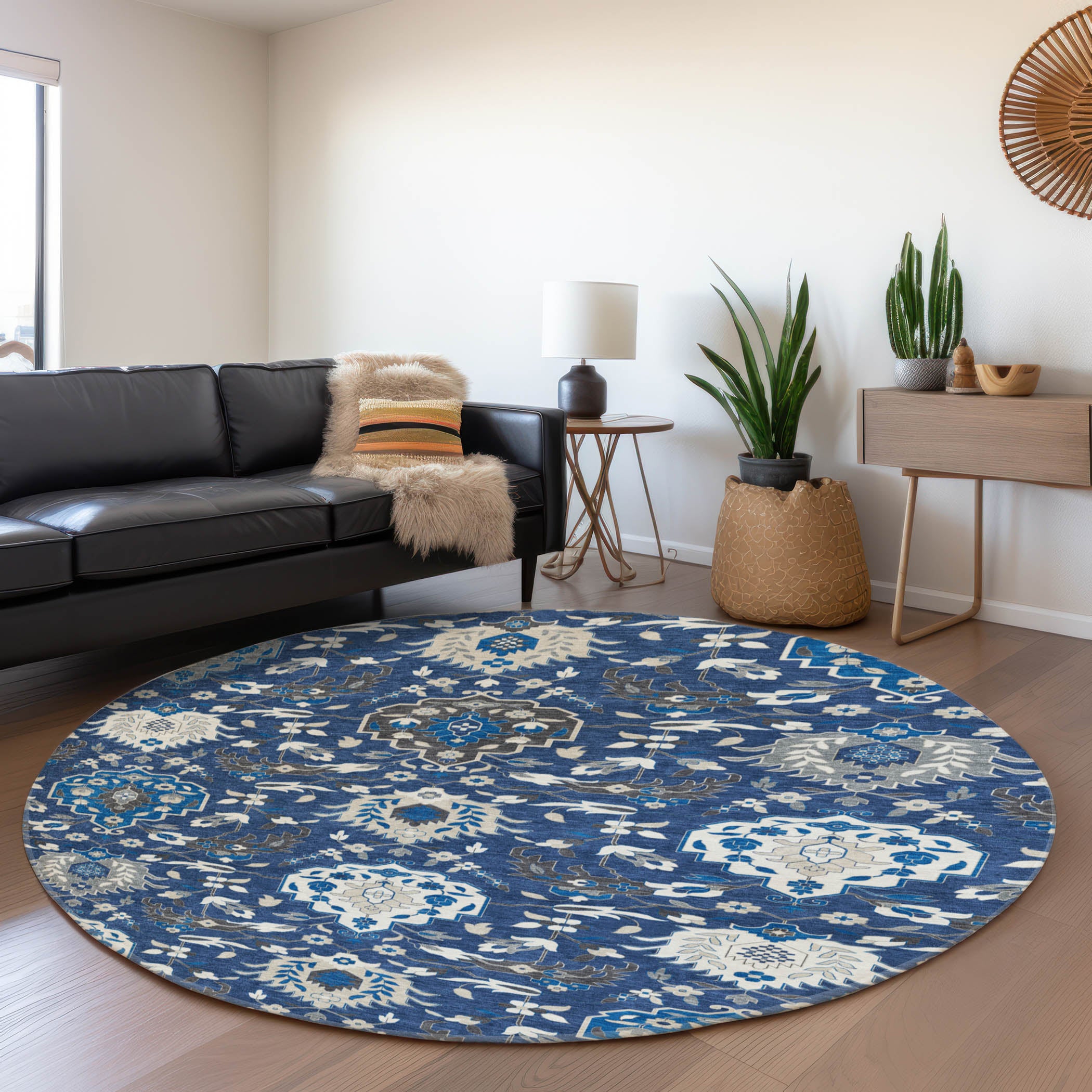 Lisbon Machine Washable Traditional Navy Blue Rug 8' x 8' #shape_Round