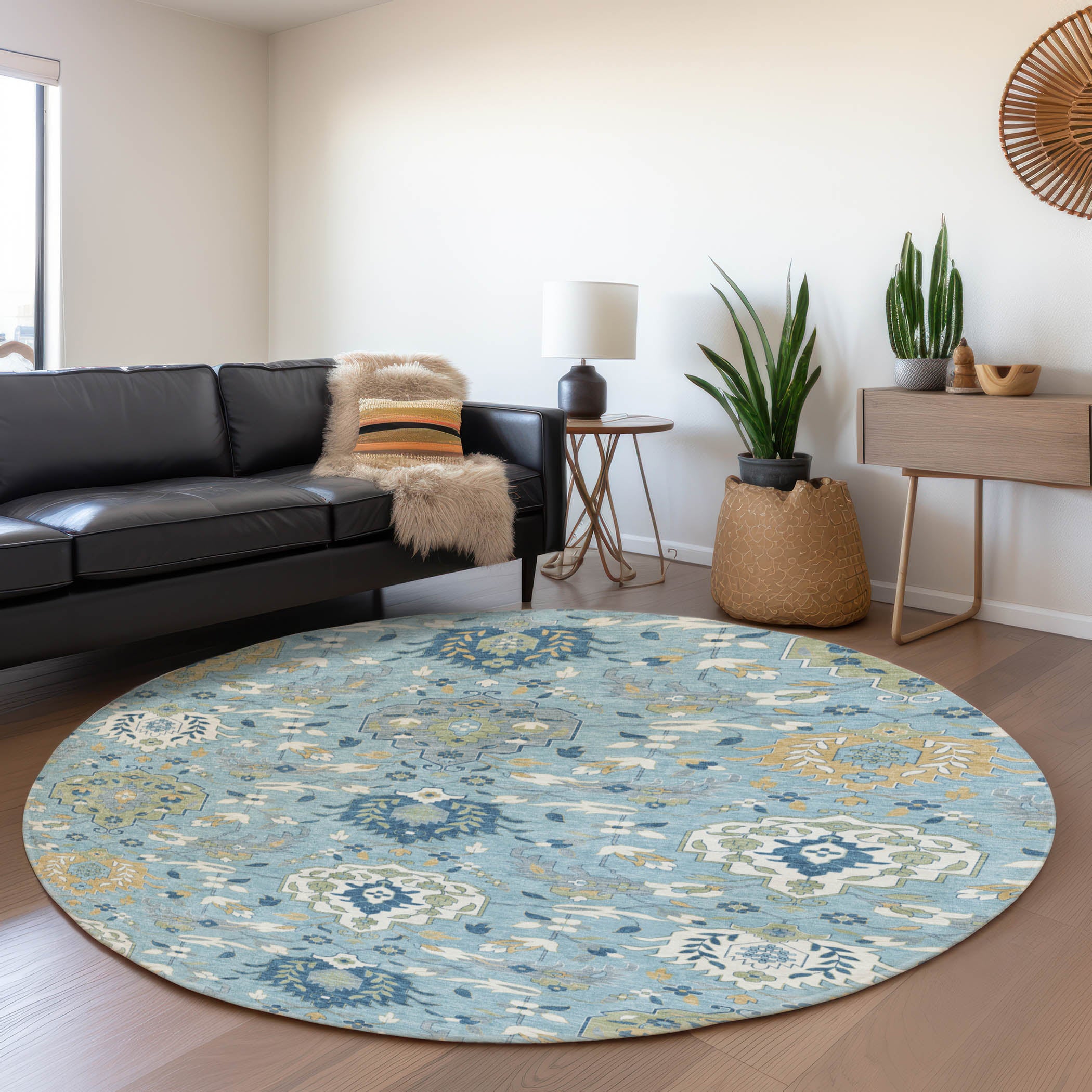 Lisbon Machine Washable Traditional Sky Blue Rug 8' x 8' #shape_Round
