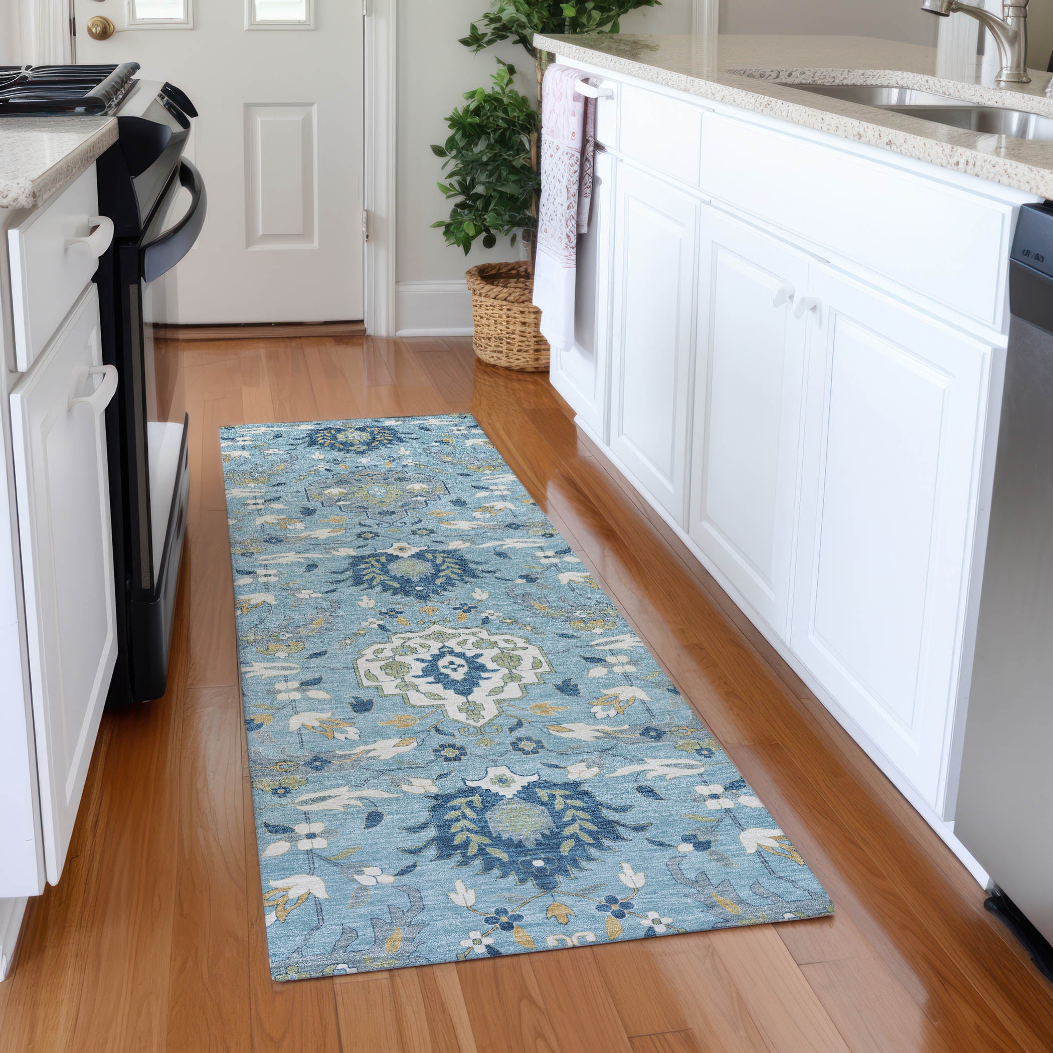 Lisbon Machine Washable Traditional Sky Blue Rug 2'3" x 7'6" #shape_Runner