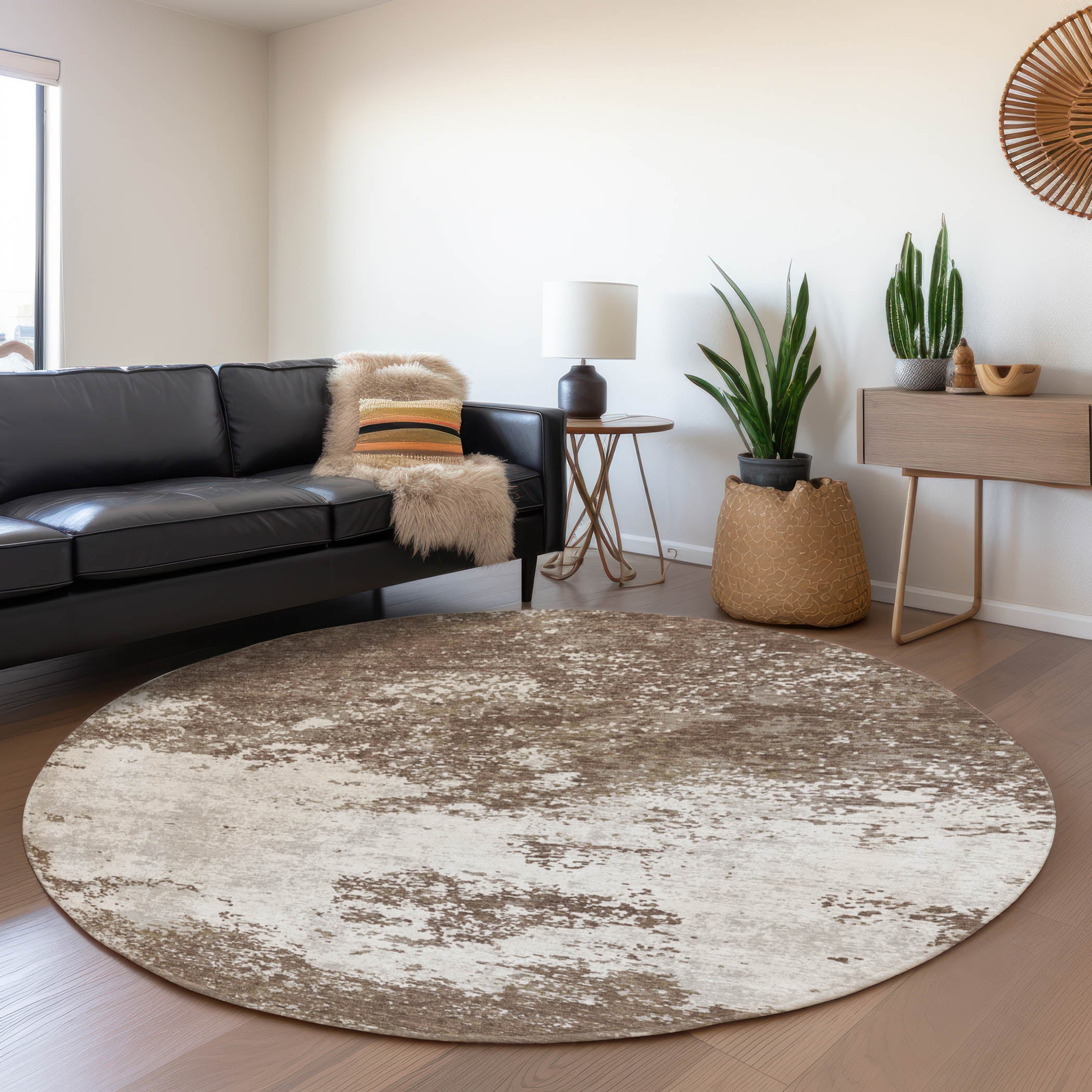 Dublin Machine Washable Transitional Brown Rug 8' x 8' #shape_Round
