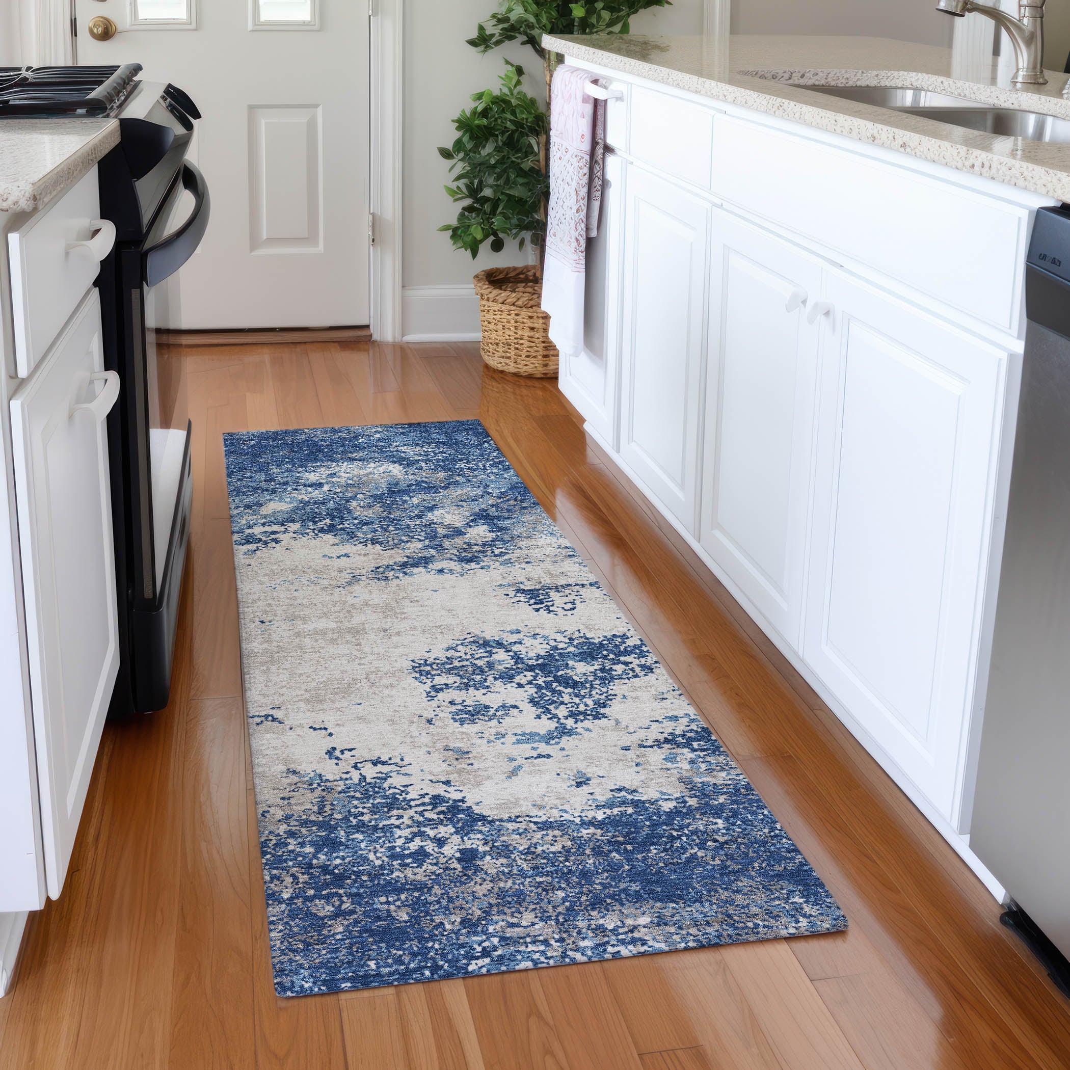 Dublin Machine Washable Transitional Navy Blue Rug 2'3" x 7'6" #shape_Runner