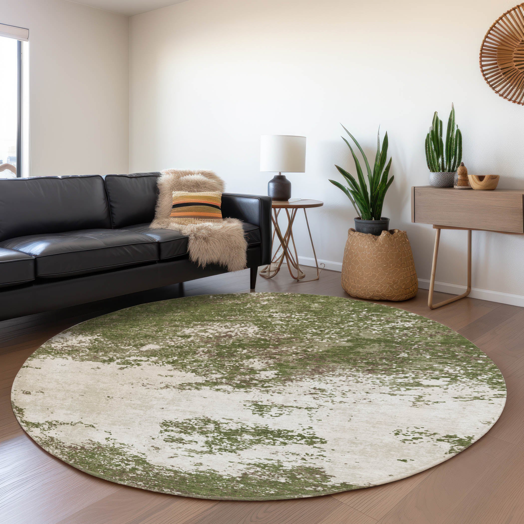 Dublin Machine Washable Transitional Olive Green Rug 8' x 8' #shape_Round