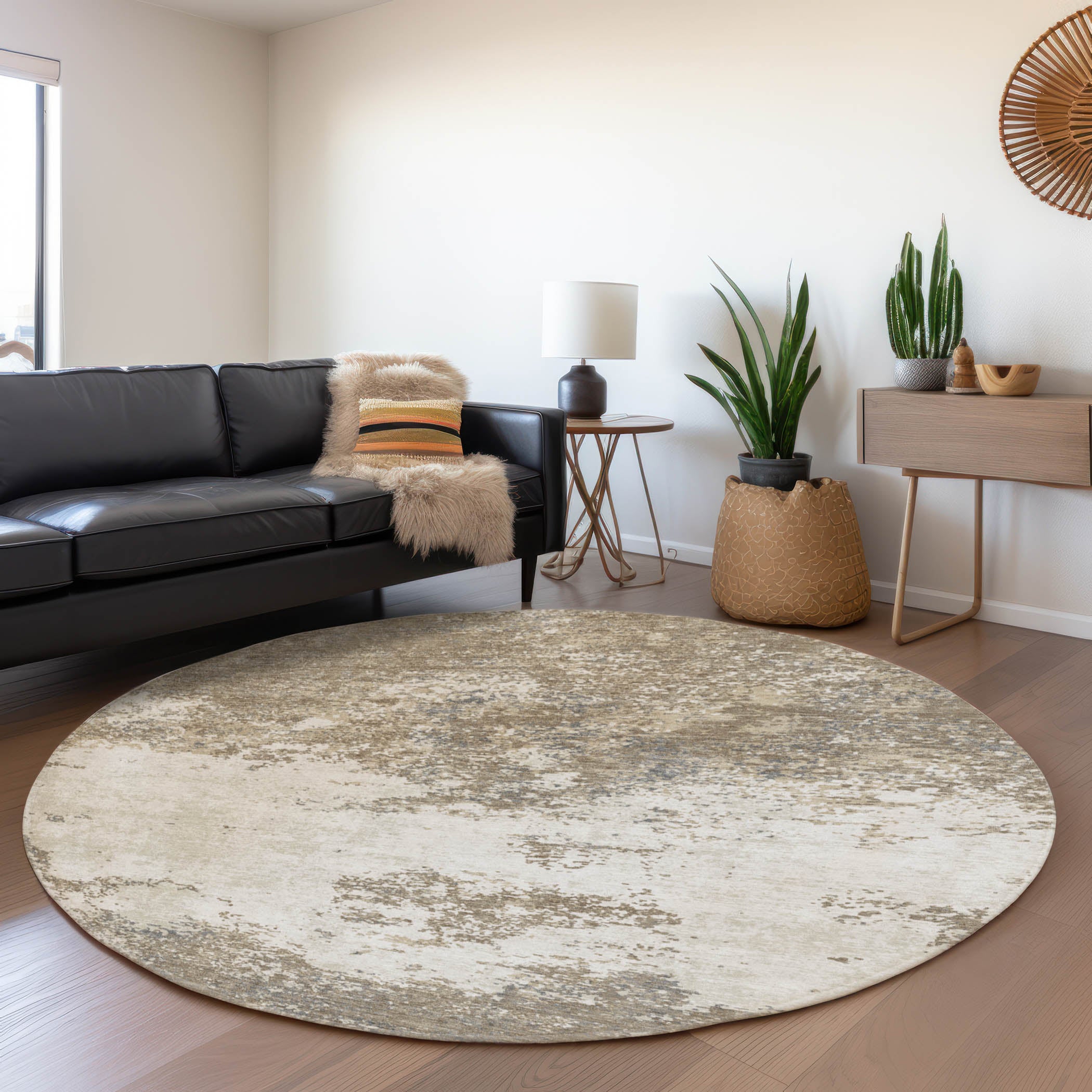 Dublin Machine Washable Transitional Taupe Brown Rug 8' x 8' #shape_Round