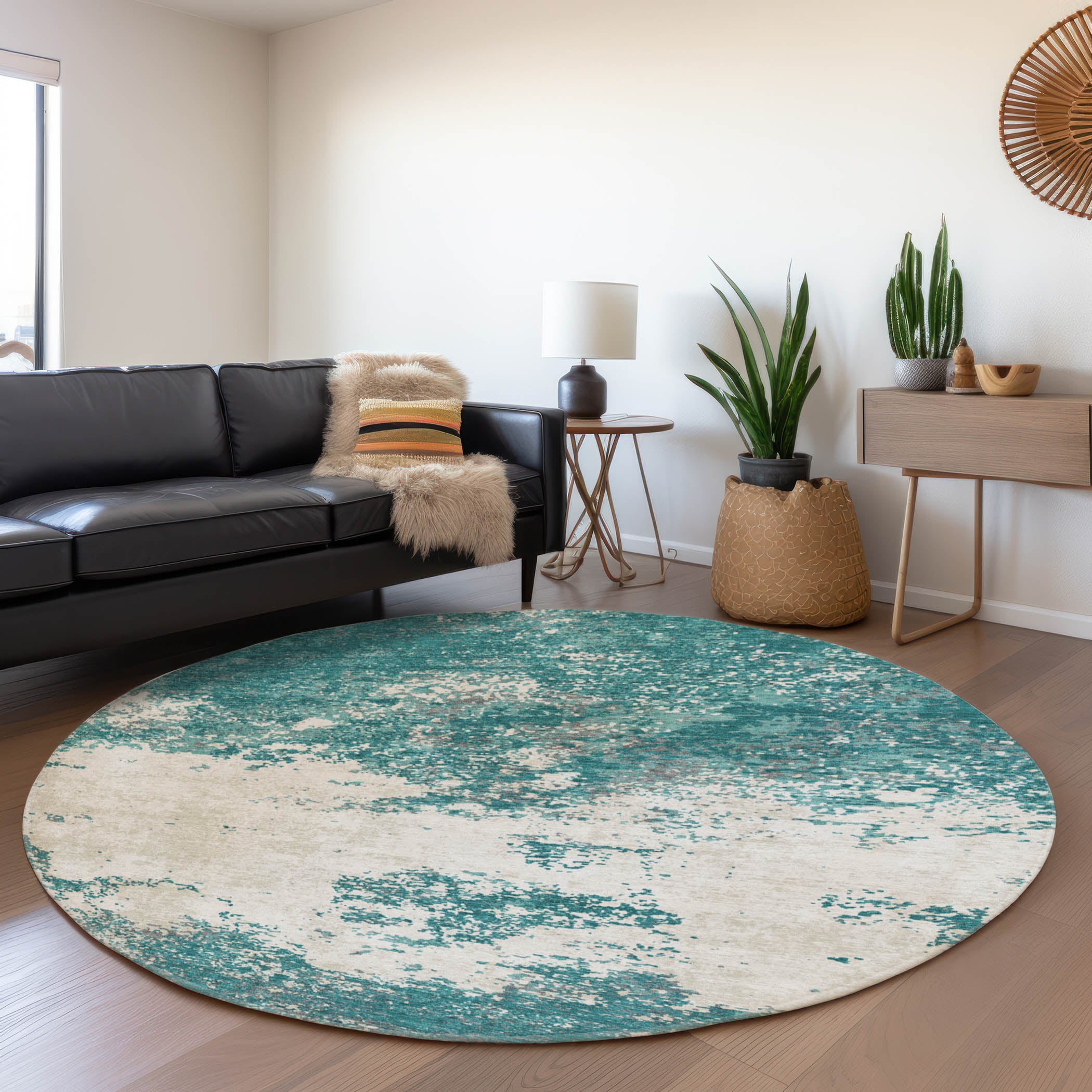 Dublin Machine Washable Transitional Teal Rug 8' x 8' #shape_Round