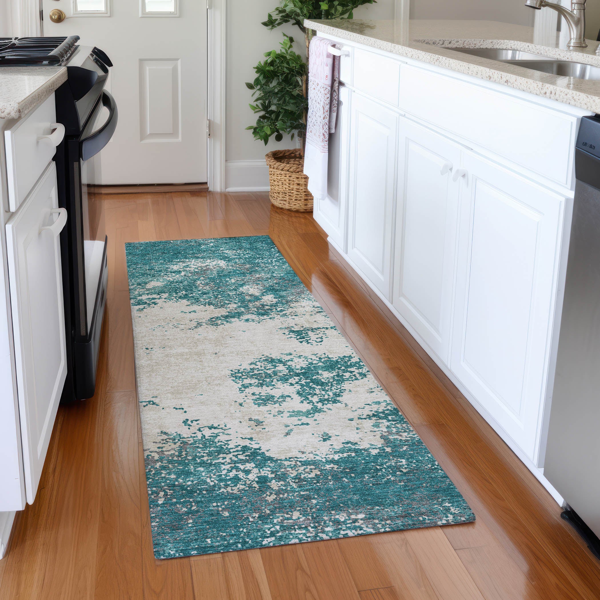 Dublin Machine Washable Transitional Teal Rug 2'3" x 7'6" #shape_Runner