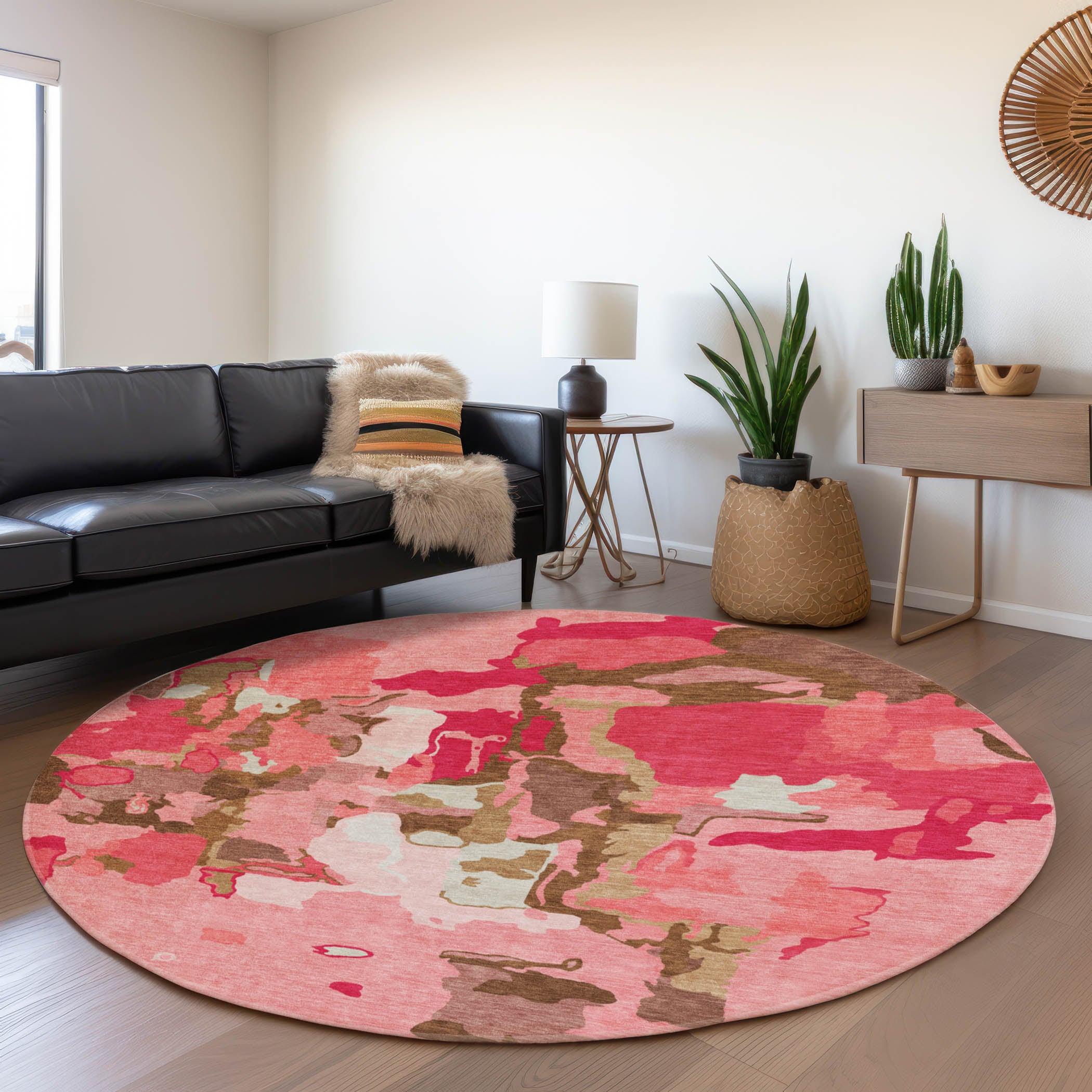 Lisbon Machine Washable Transitional Coral Orange Rug 8' x 8' #shape_Round