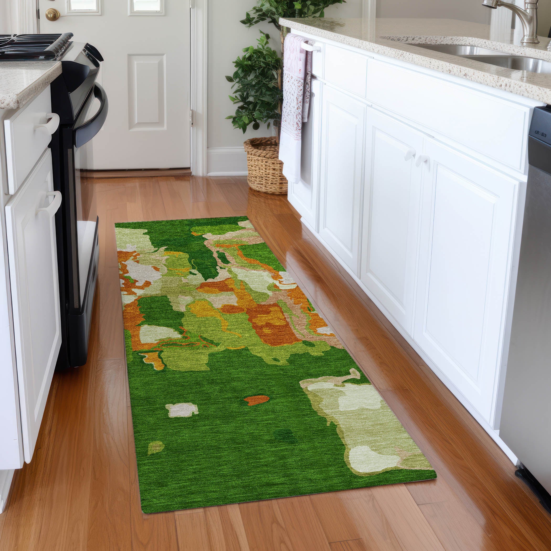 Lisbon Machine Washable Transitional Green Rug 2'3" x 7'6" #shape_Runner