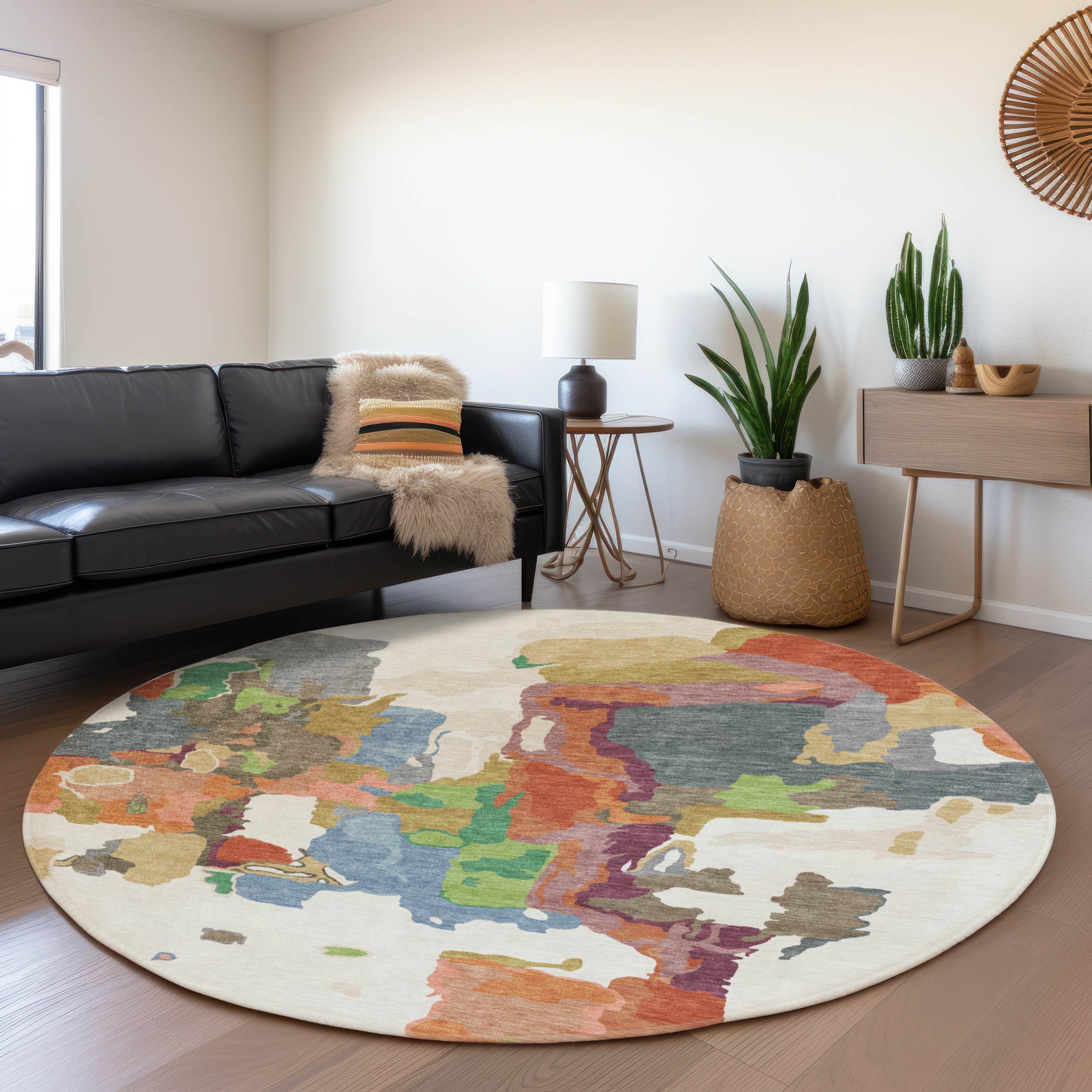 Lisbon Machine Washable Transitional Ivory Rug 8' x 8' #shape_Round