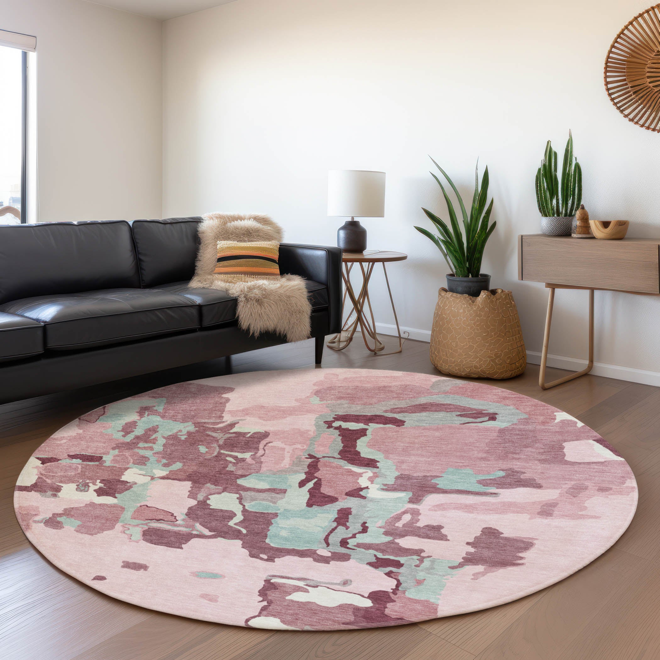 Lisbon Machine Washable Transitional Pink Rug 8' x 8' #shape_Round