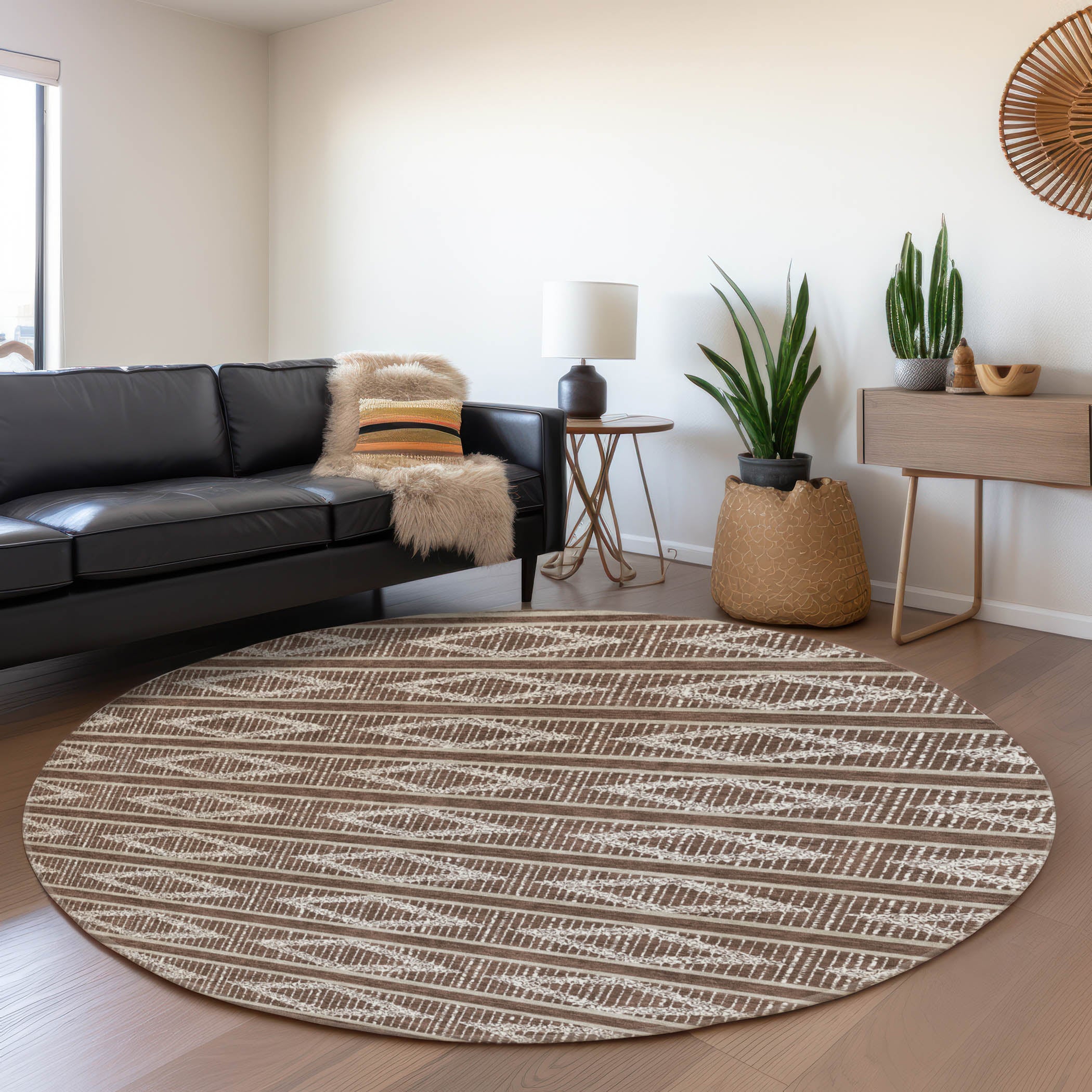 Athens Machine Washable Transitional Brown Rug 8' x 8' #shape_Round