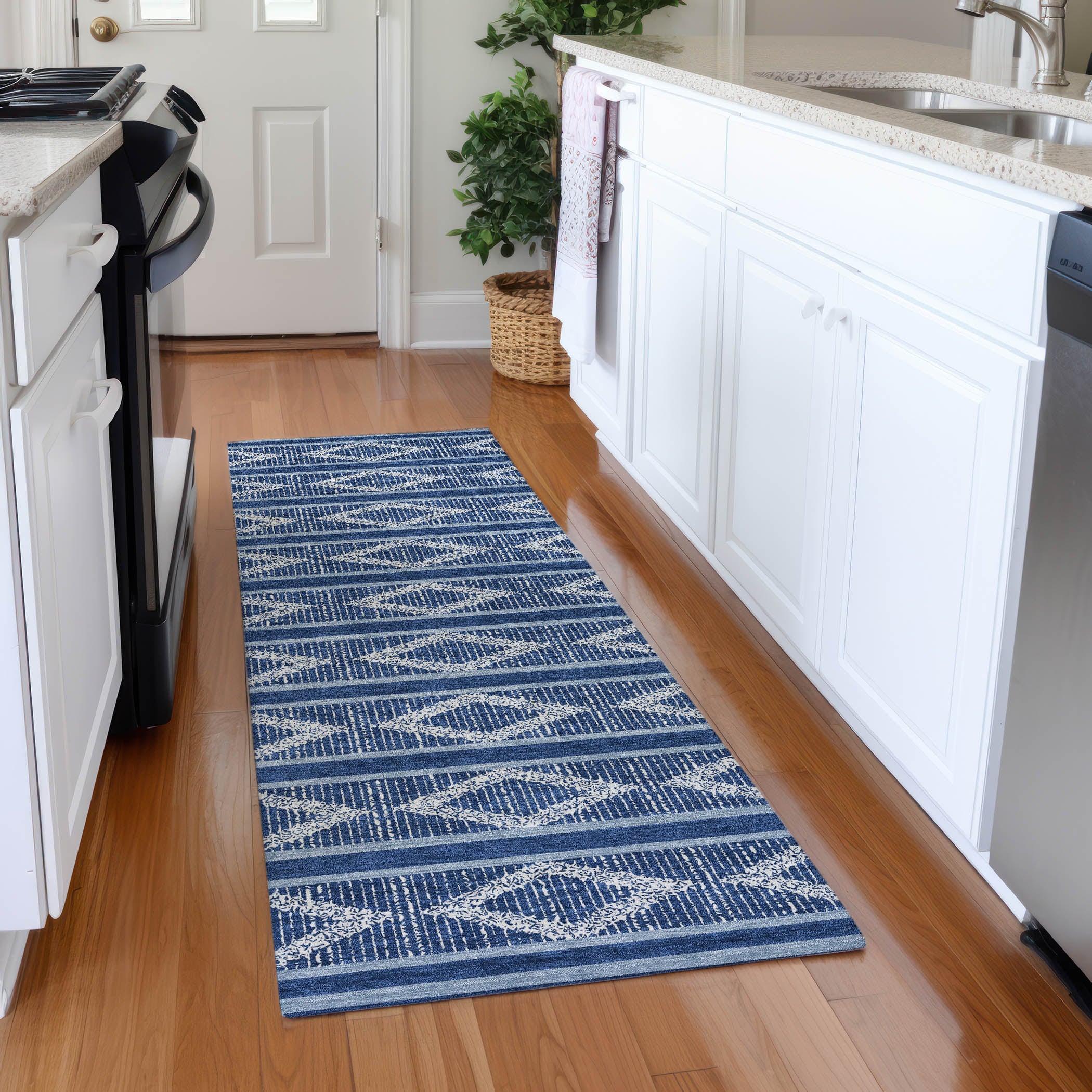 Athens Machine Washable Transitional Navy Blue Rug 2'3" x 7'6" #shape_Runner