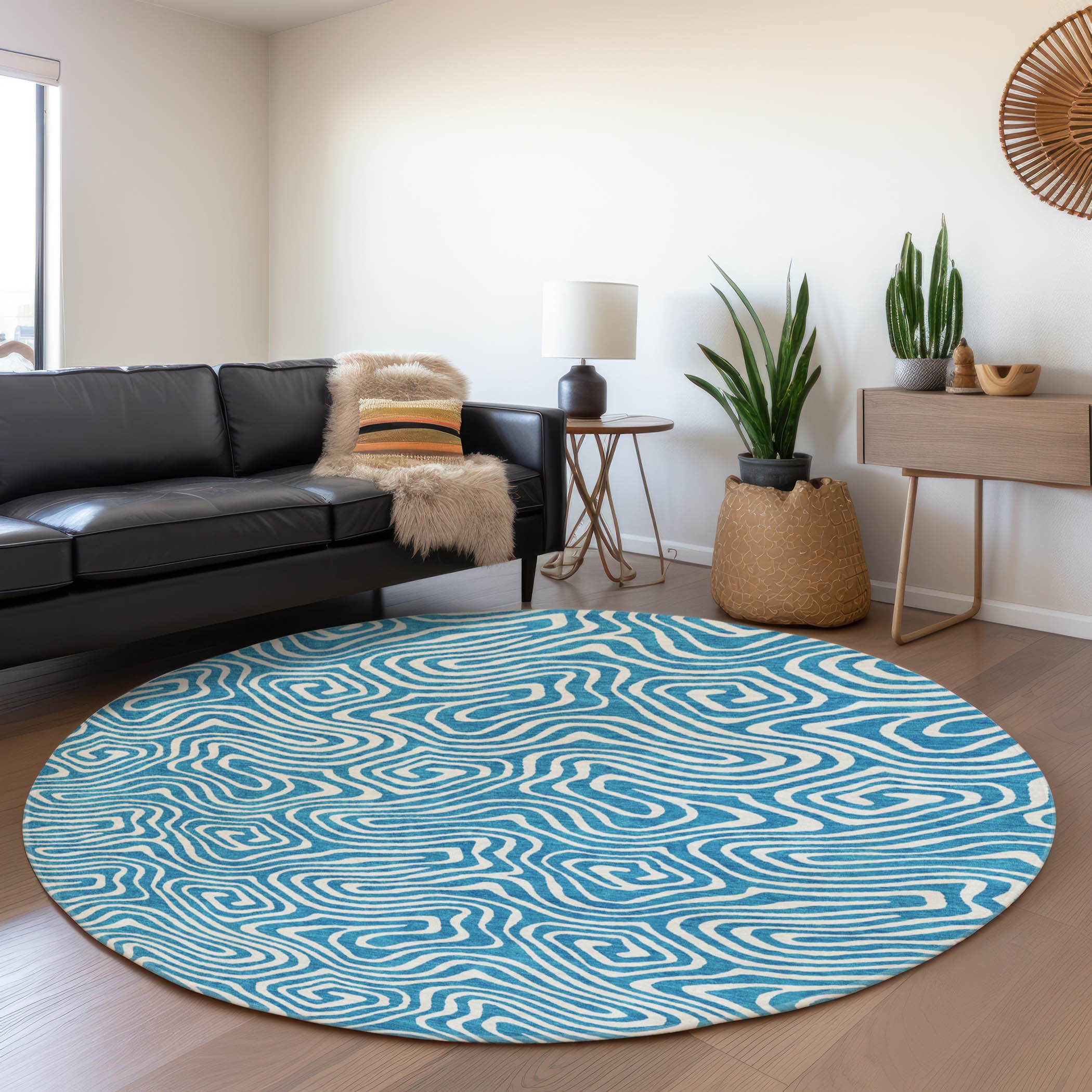 Havana Machine Washable Transitional Teal Rug 8' x 8' #shape_Round