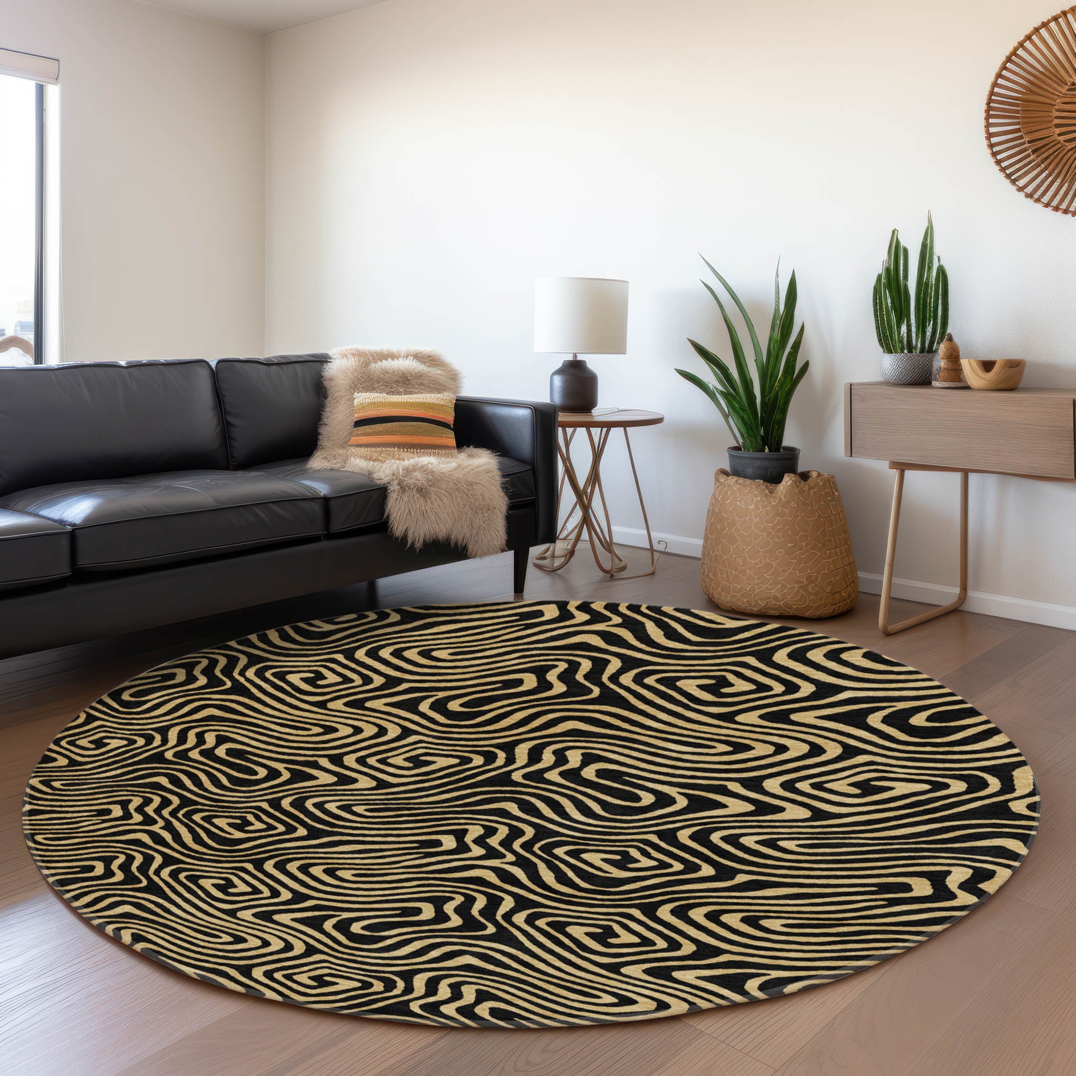 Mdina Machine Washable Transitional Black Rug 8' x 8' #shape_Round