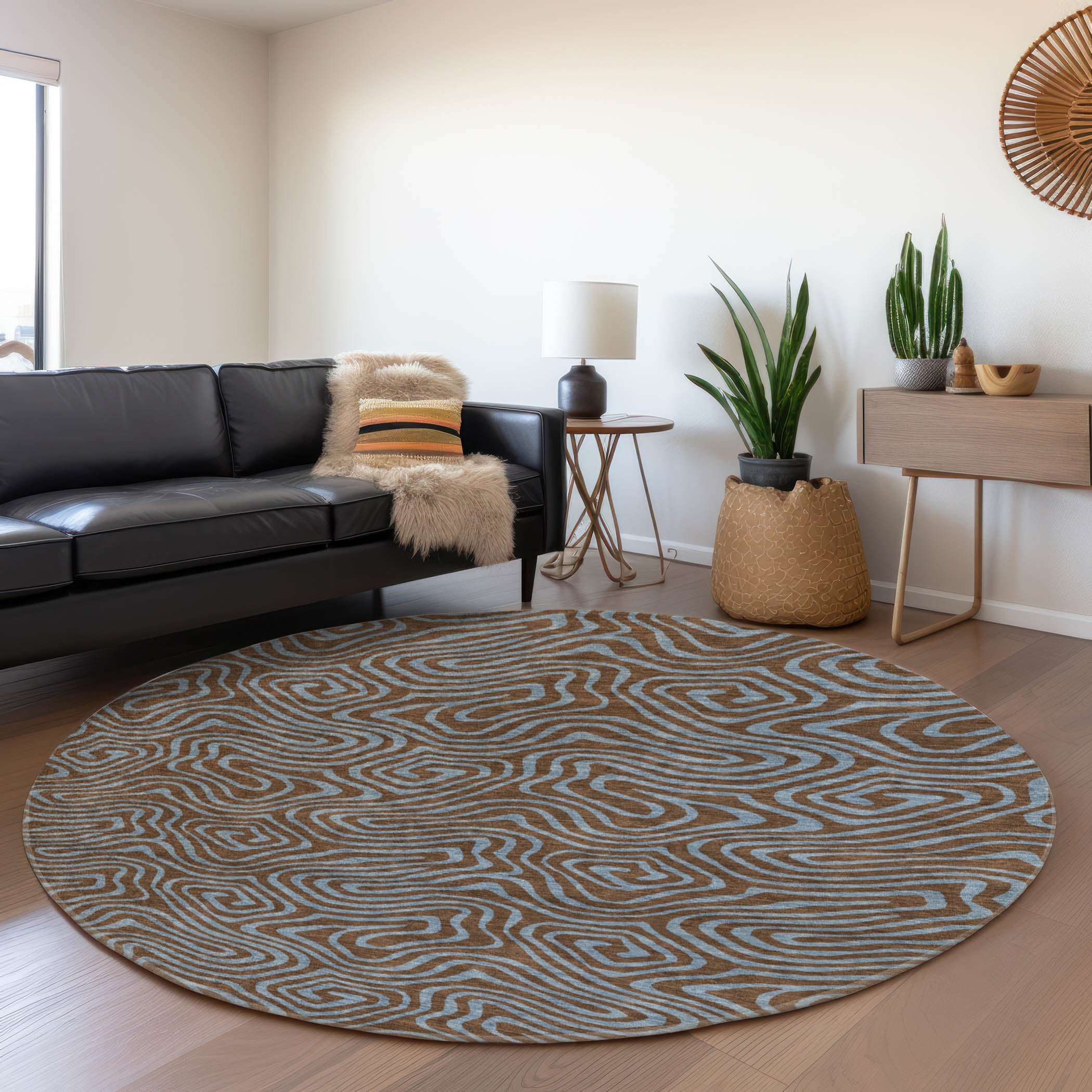 Mdina Machine Washable Transitional Brown Rug 8' x 8' #shape_Round