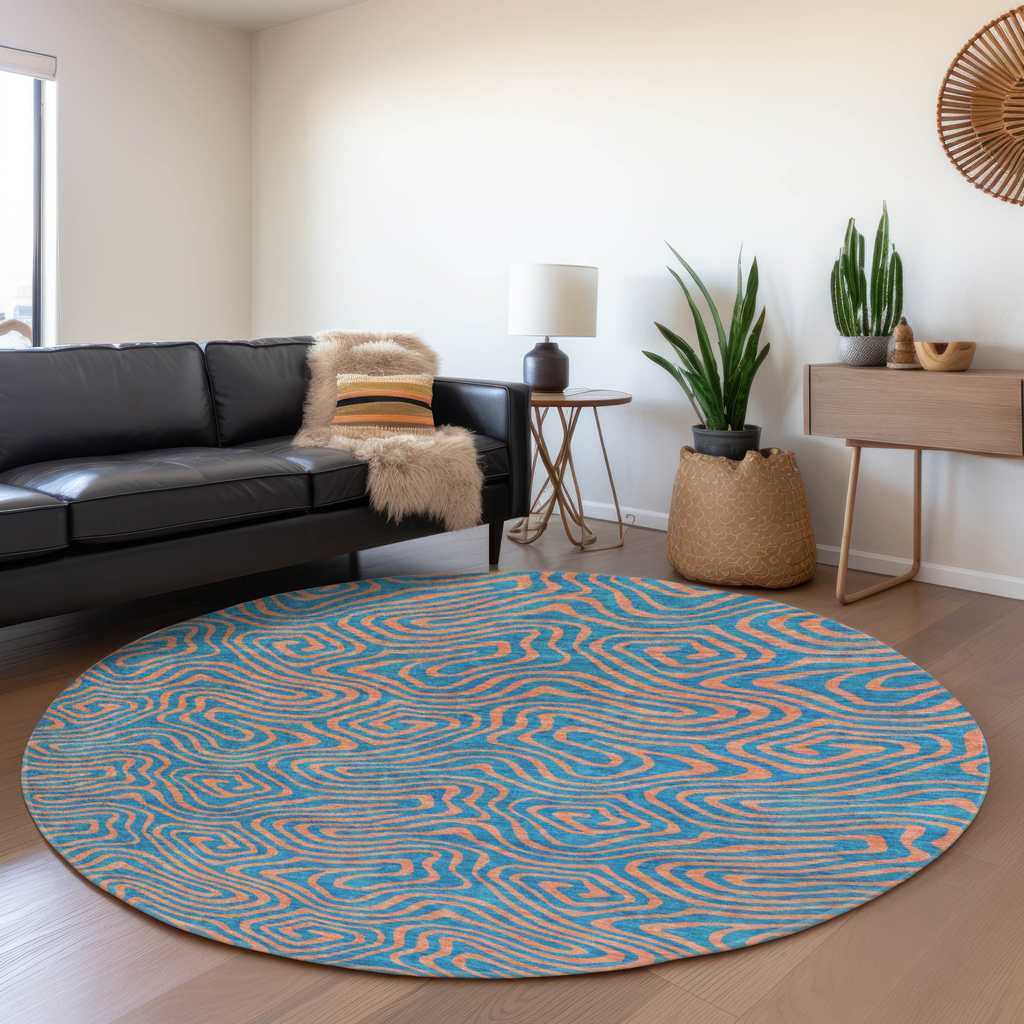 Mdina Machine Washable Transitional Teal Rug 8' x 8' #shape_Round