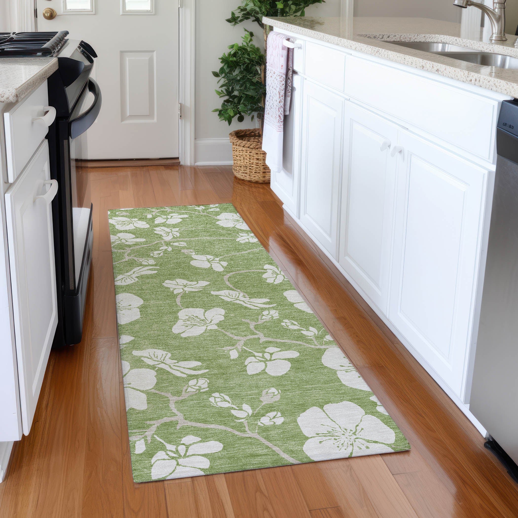 Oaxaca Machine Washable Transitional Aloe Green Rug 2'3" x 7'6" #shape_Runner