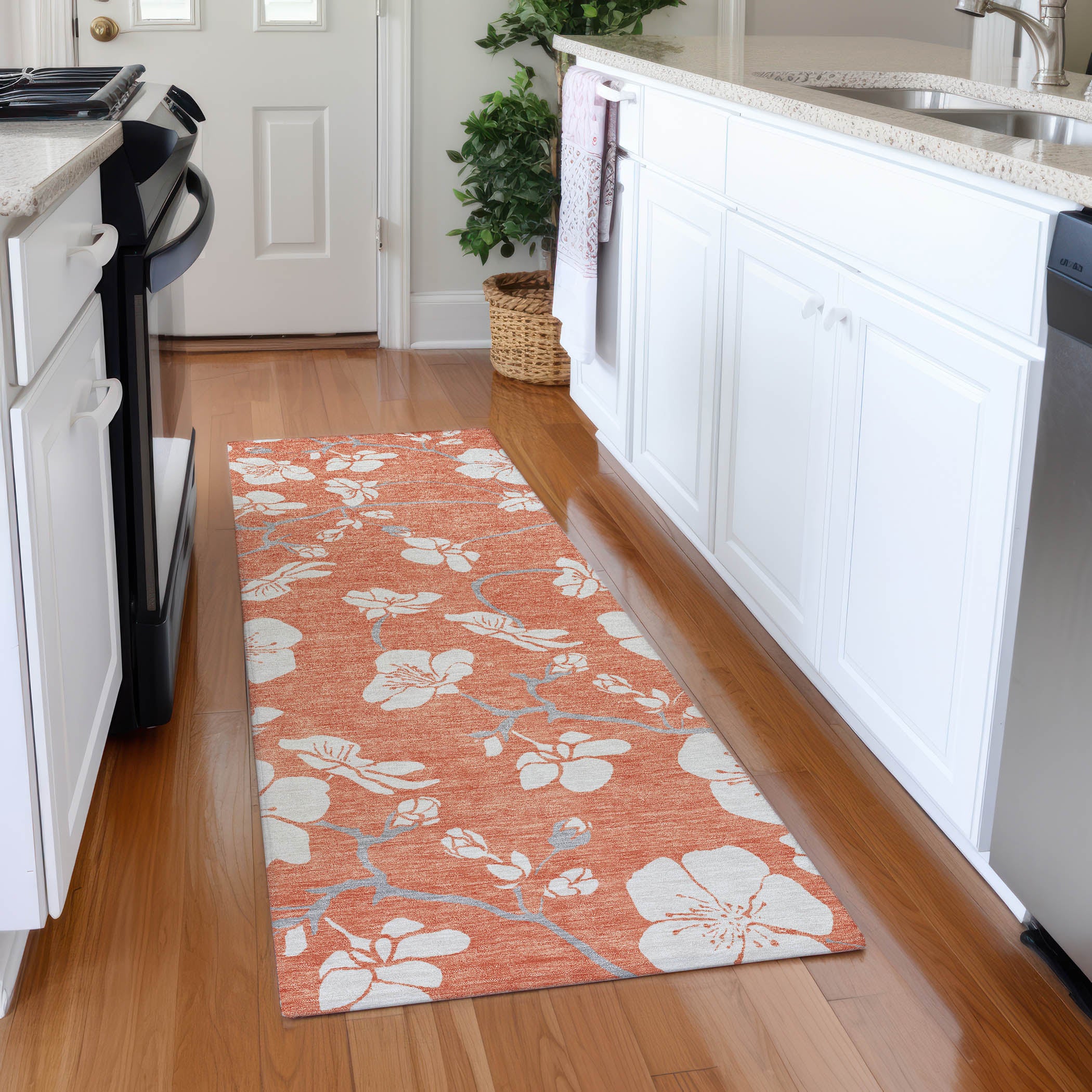 Oaxaca Machine Washable Transitional Coral Orange Rug 2'3" x 7'6" #shape_Runner