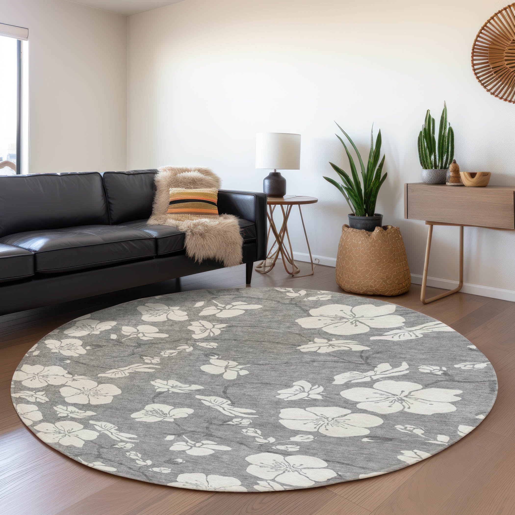 Oaxaca Machine Washable Transitional Gray Rug 8' x 8' #shape_Round