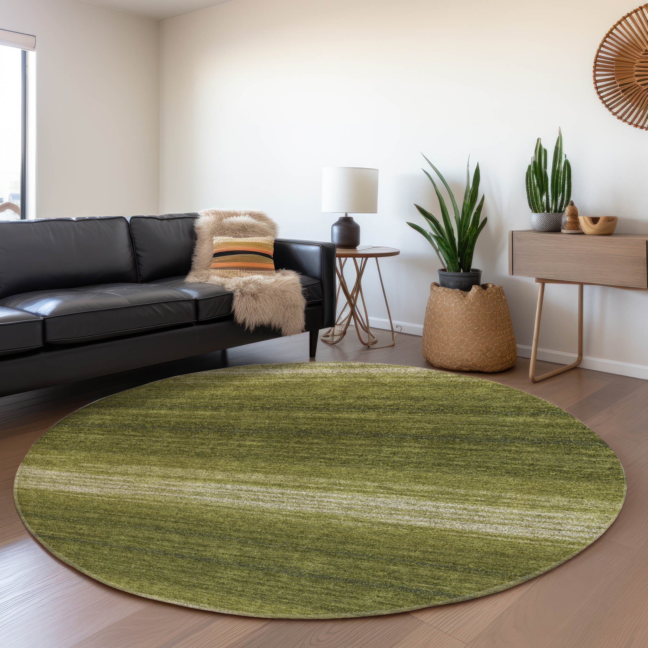 Tallinn Machine Washable Transitional Olive Green Rug 8' x 8' #shape_Round