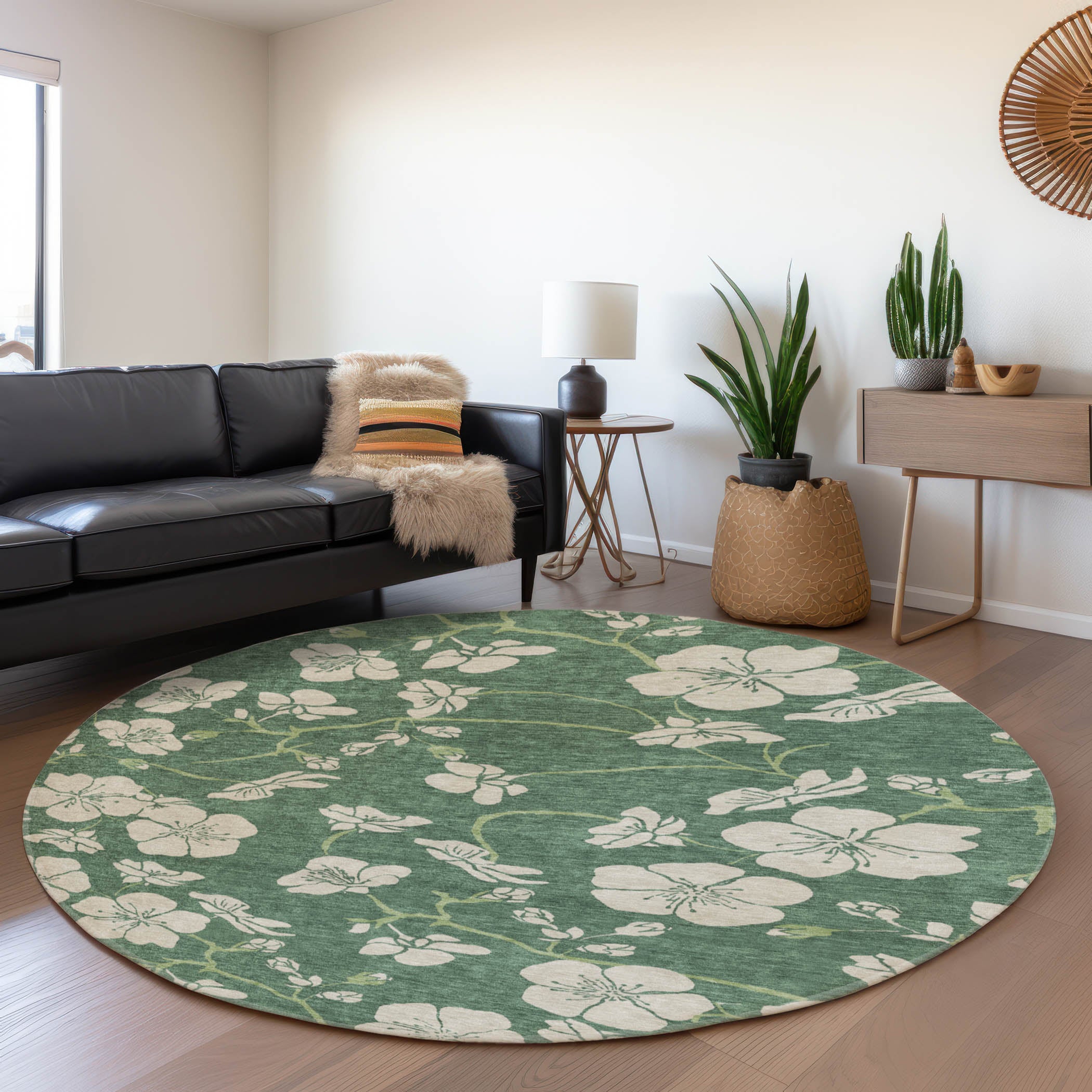 Chiang Mai Machine Washable Transitional Sage Green Rug 8' x 8' #shape_Round
