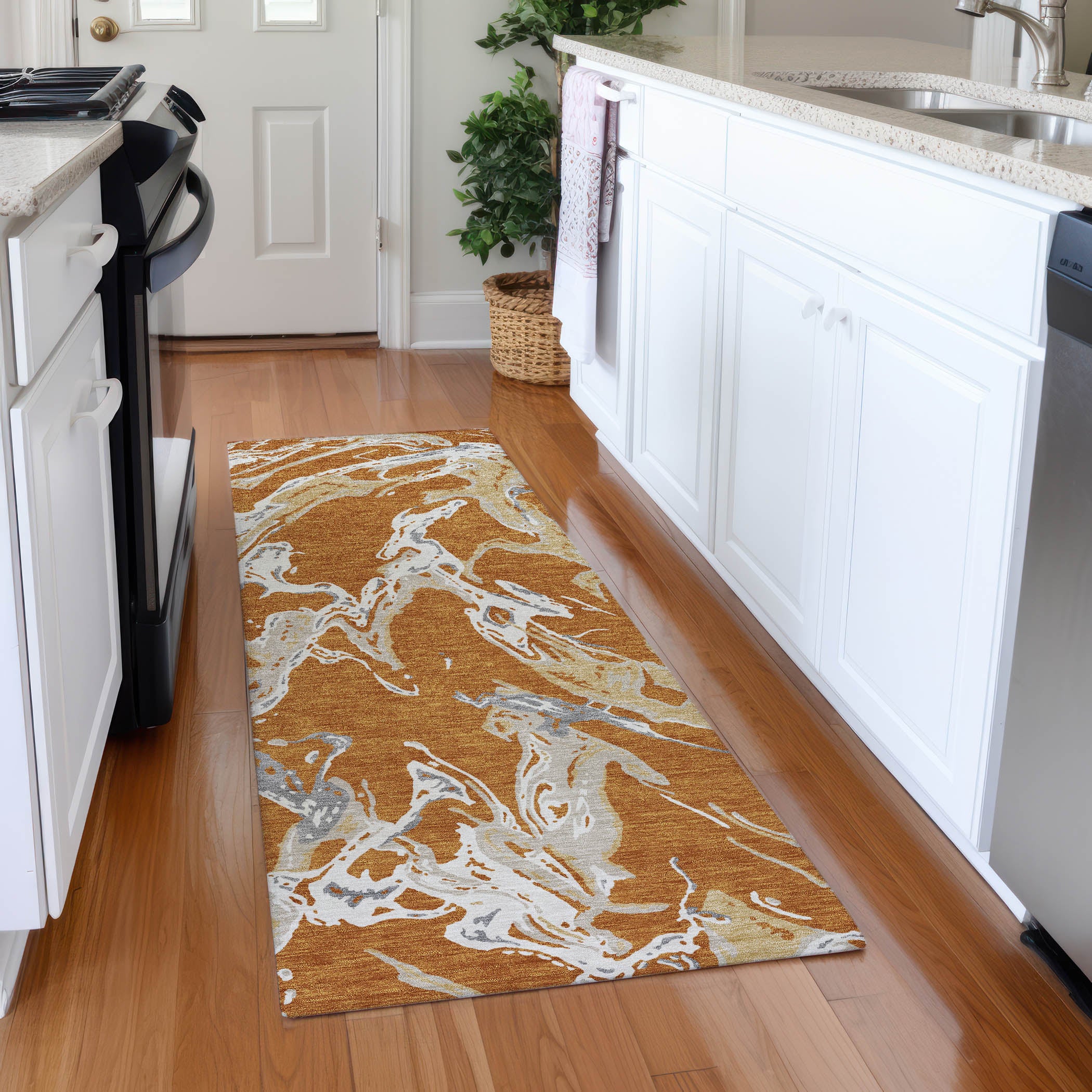 Tbilisi Machine Washable Transitional Copper Orange Rug 2'3" x 7'6" #shape_Runner