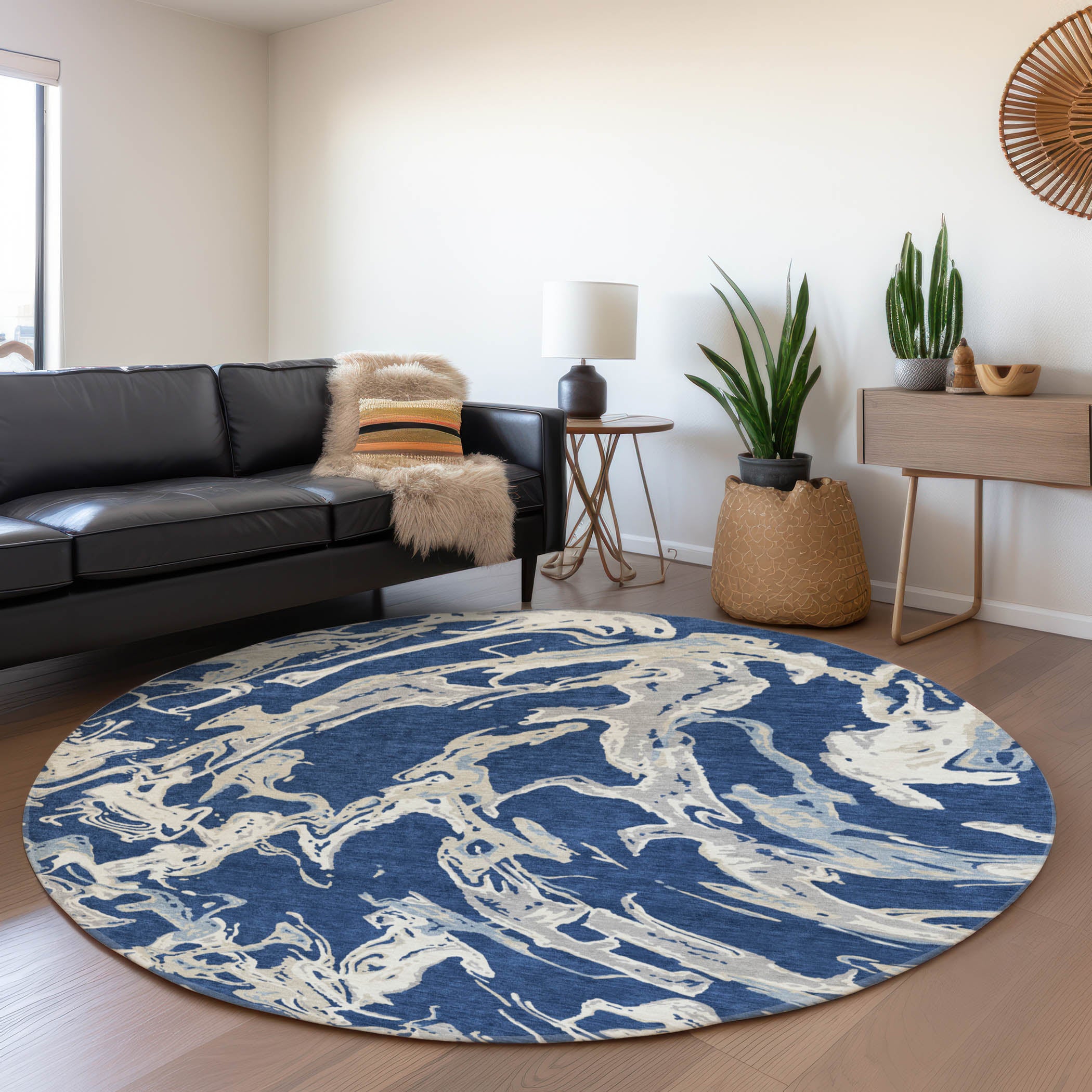 Tbilisi Machine Washable Transitional Navy Blue Rug 8' x 8' #shape_Round
