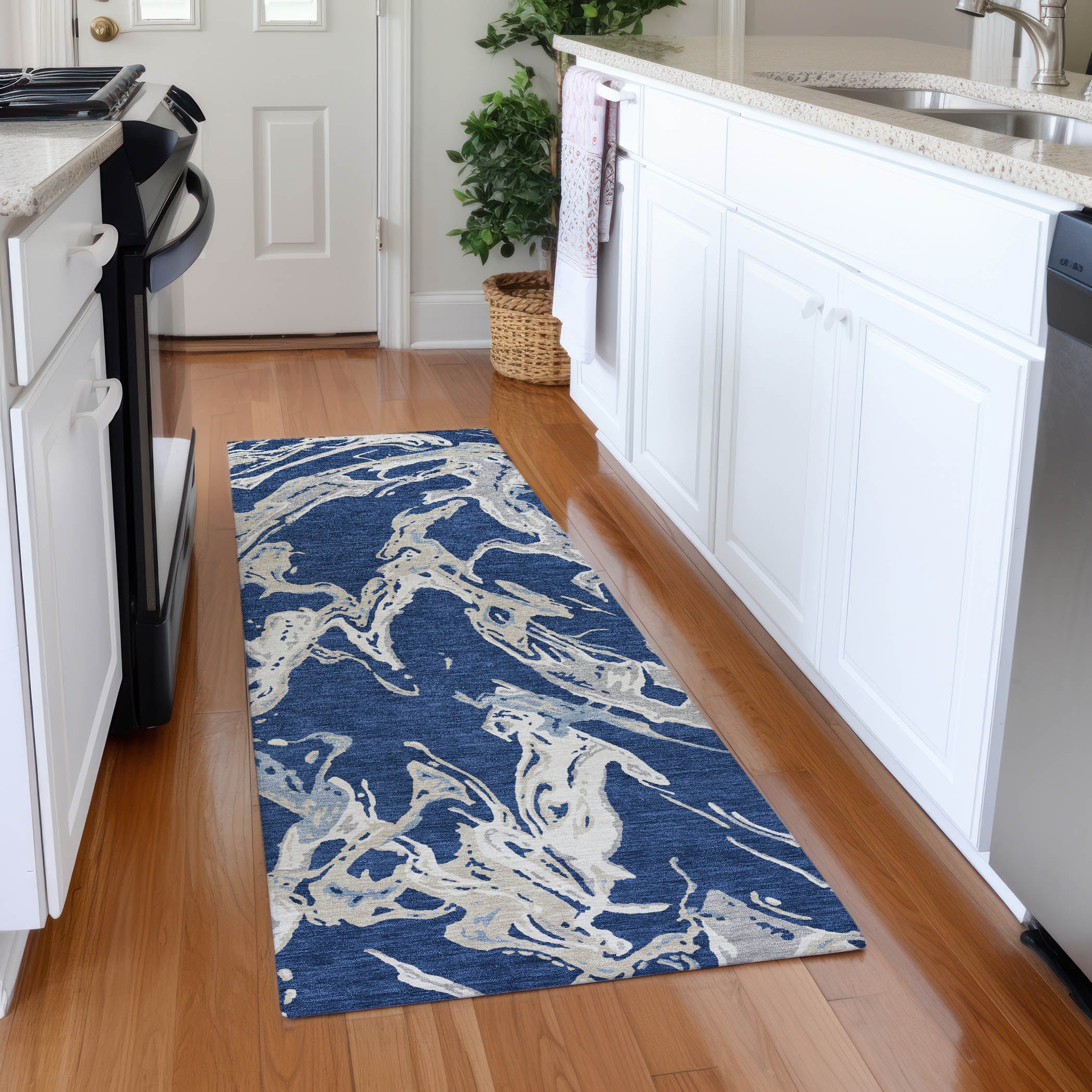 Tbilisi Machine Washable Transitional Navy Blue Rug 2'3" x 7'6" #shape_Runner
