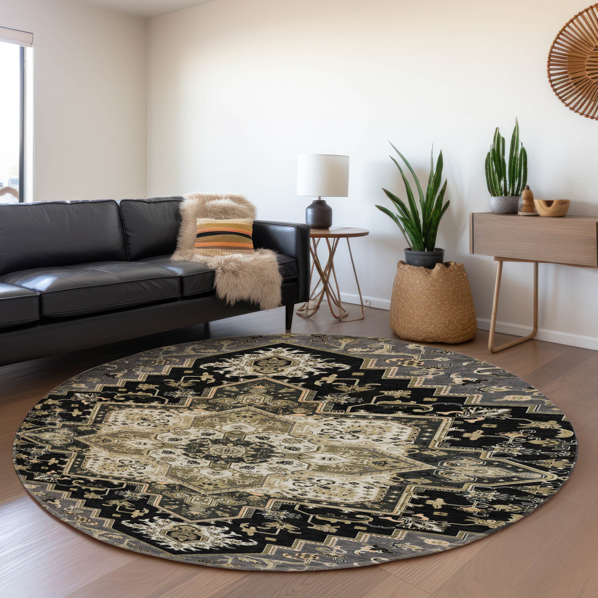 Kathmandu Machine Washable Traditional Black Rug 8' x 8' #shape_Round