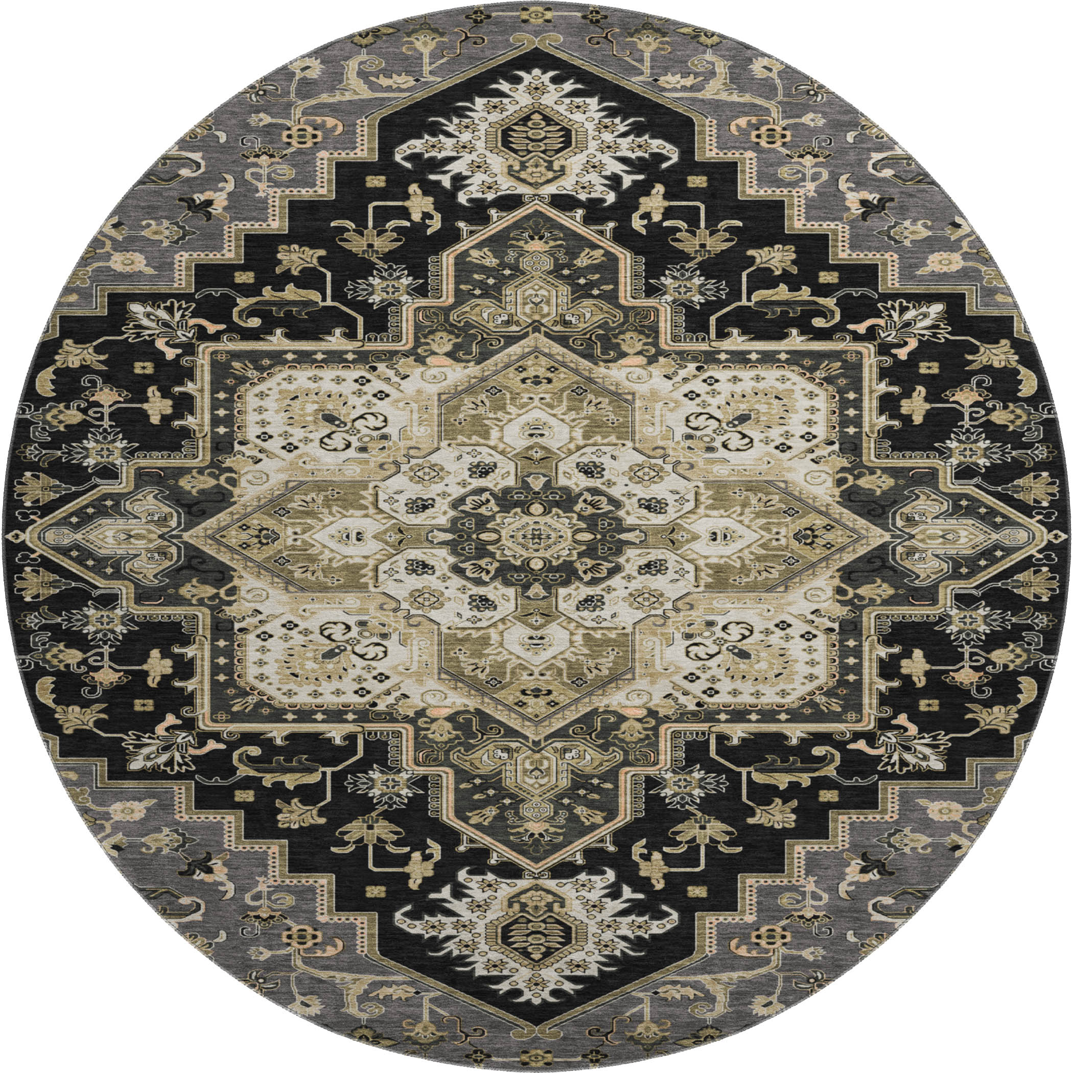 Kathmandu Machine Washable Traditional Black Rug 8' x 8' #shape_Round